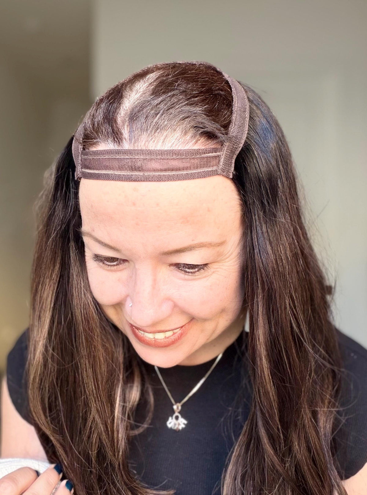 Open hat wig. Brown with caramel highlights. Natural density. Brazilian premium human hair MEDUZAS