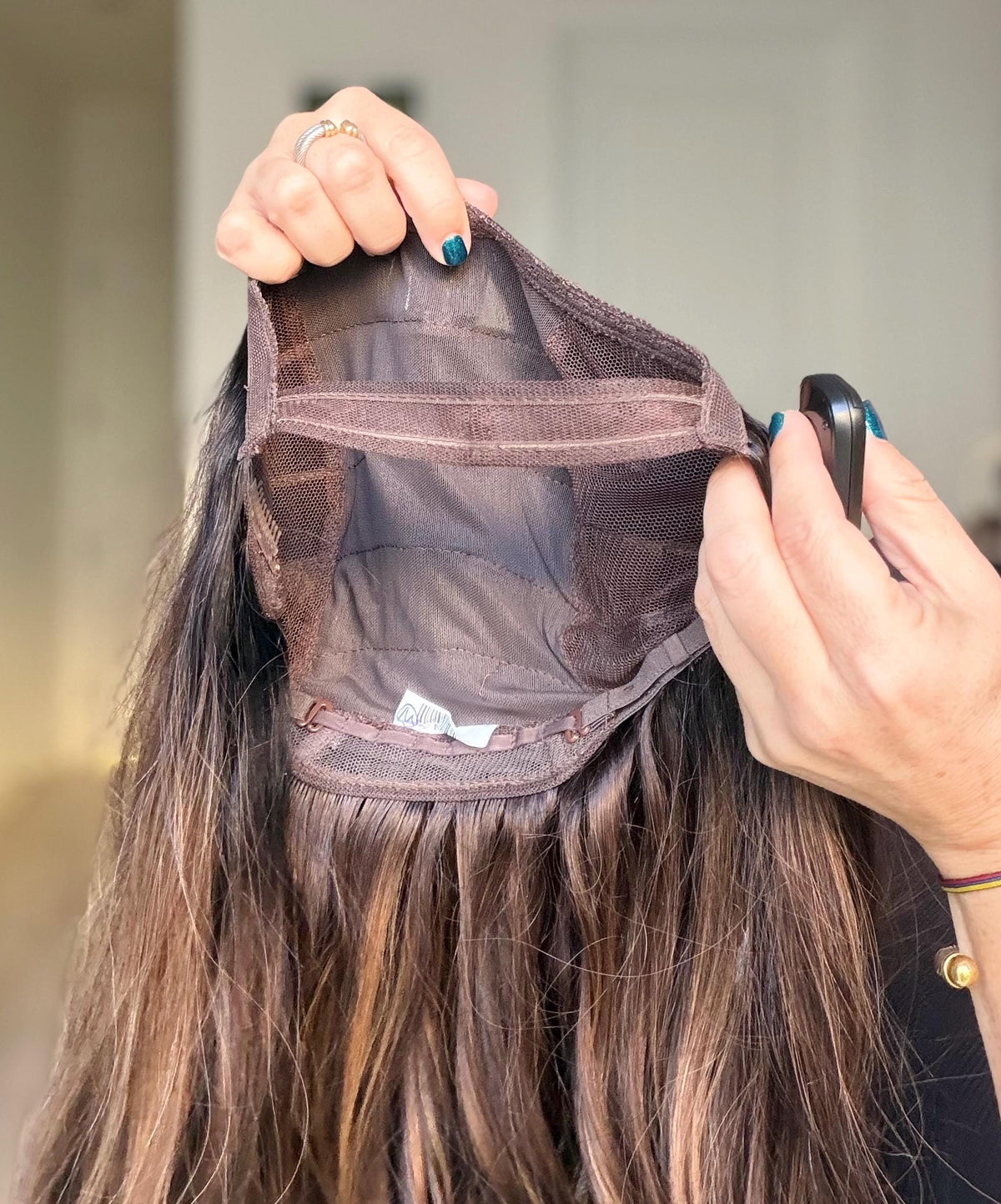 Open hat wig. Brown with caramel highlights. Natural density. Brazilian premium human hair MEDUZAS