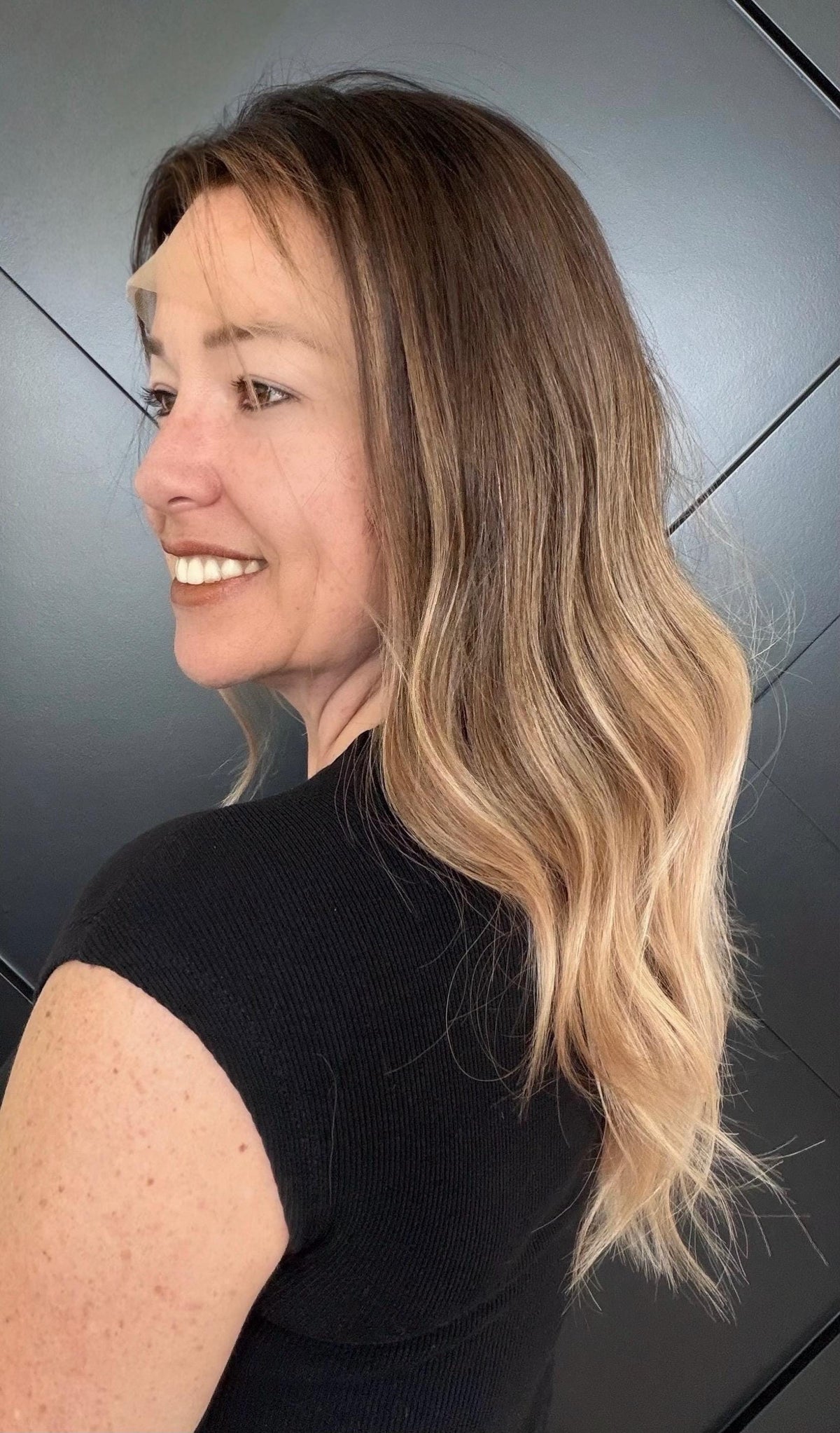 VEDA Layered Brazilian Virgin Human Hair Wig | Medium Density 13x6 Lace Front Wig | Warm blonde balayage Vtabs | 18”-26” Bleached Knots