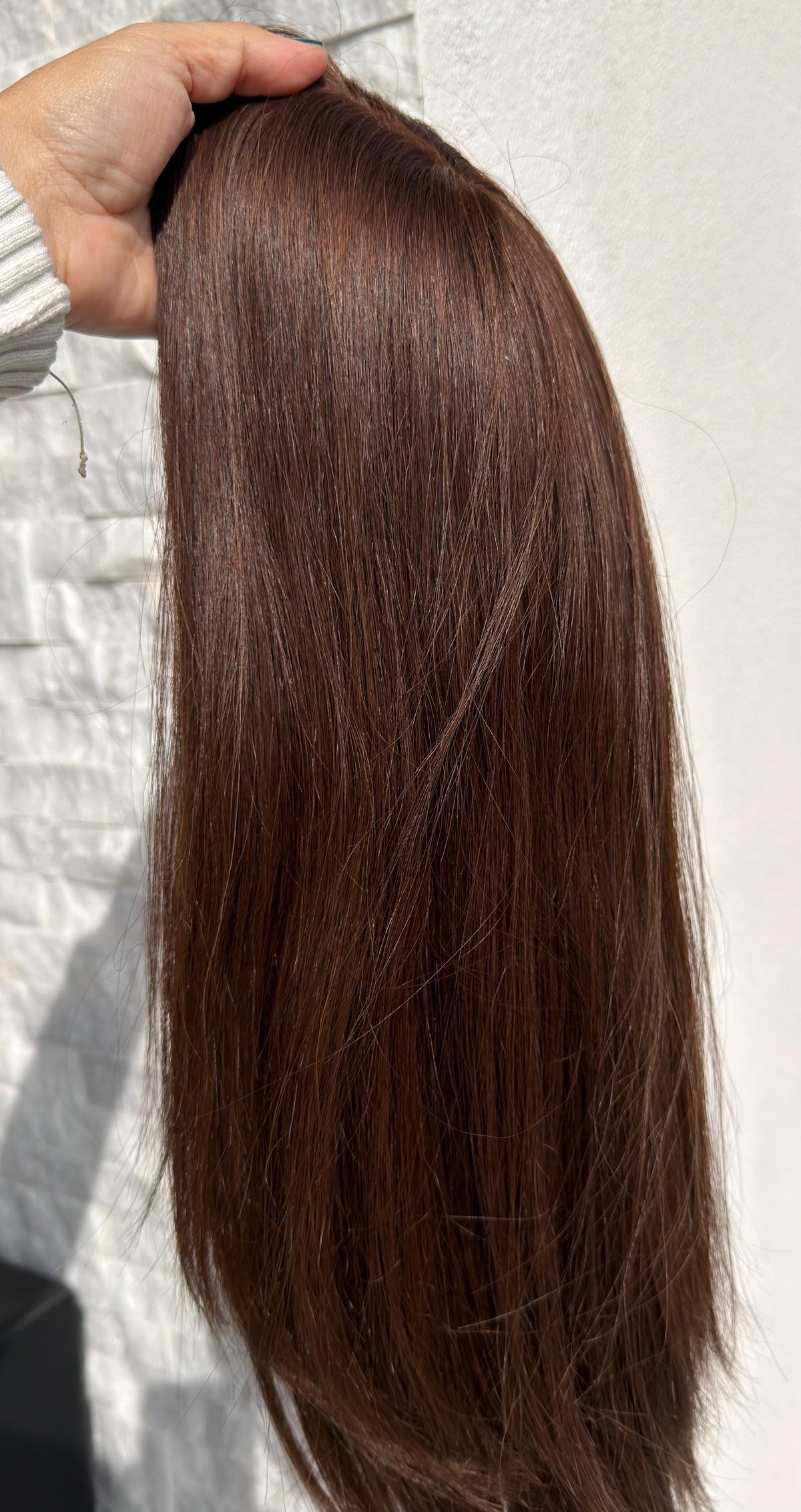 RENATA European Human Hair Topper | 8x8 Base | 4x4 Silk Top | 18” Length | Average Density | Warm brunette with blonde ribbons
