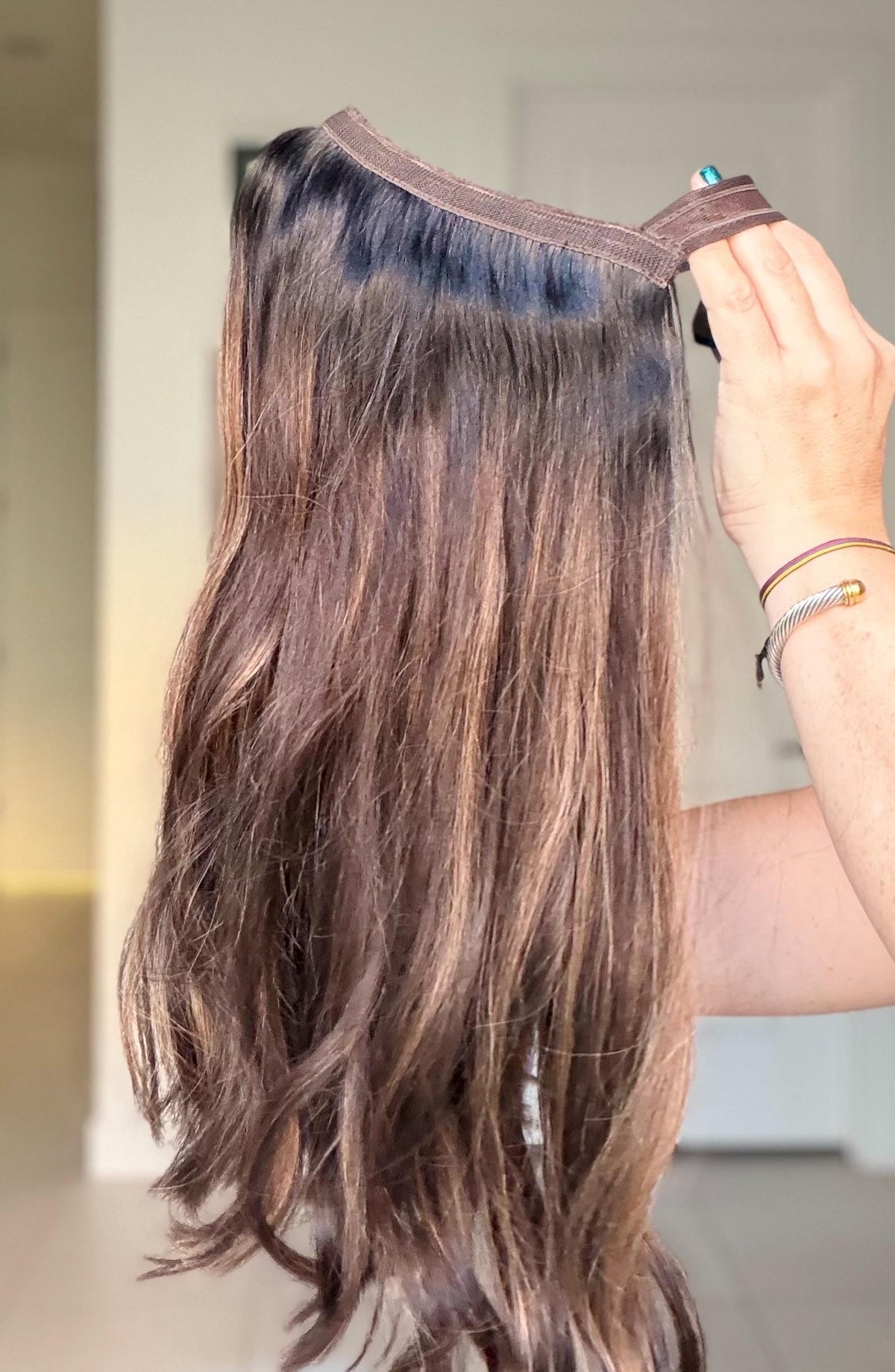 Open hat wig. Brown with caramel highlights. Natural density. Brazilian premium human hair MEDUZAS
