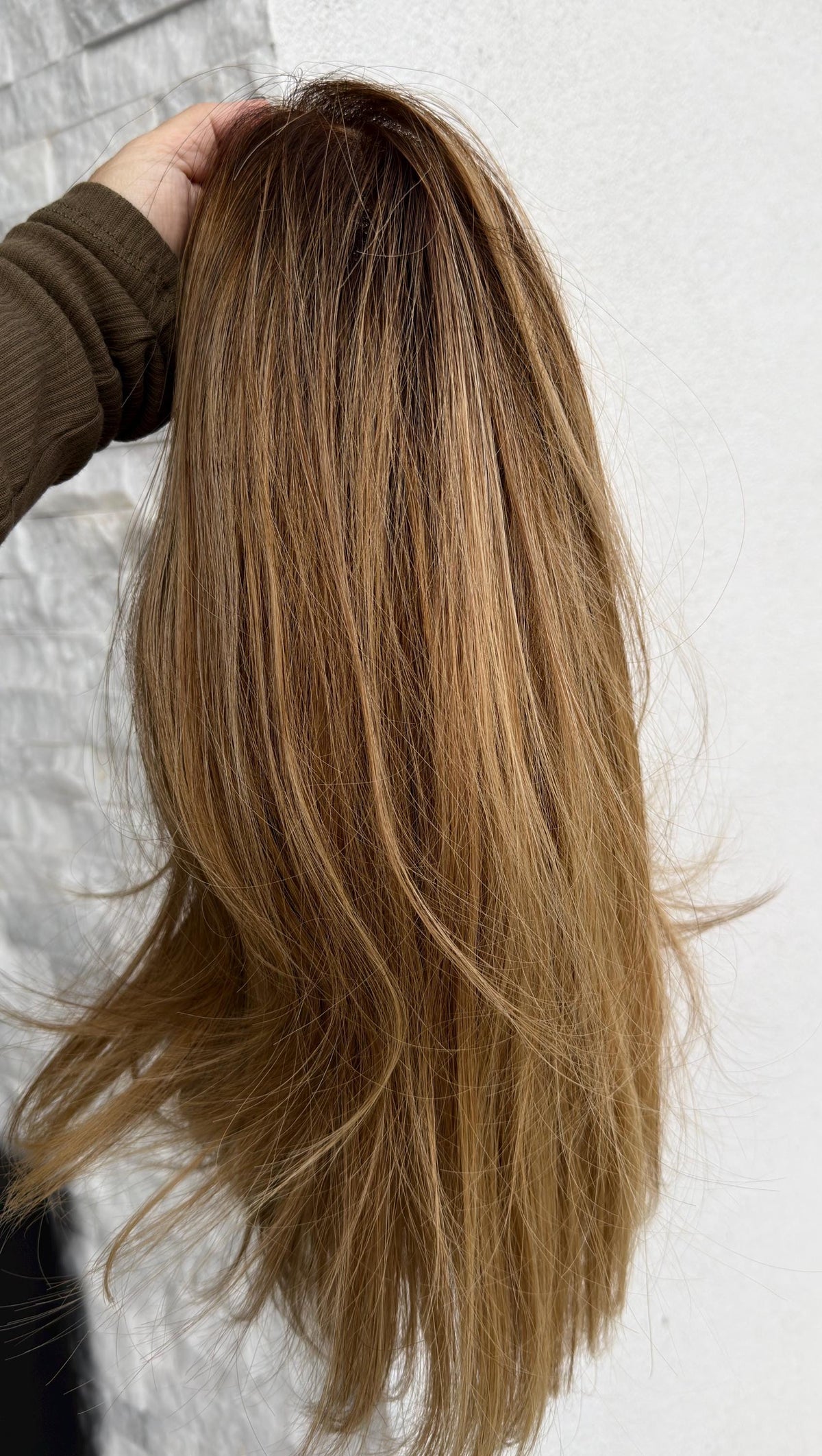 AMIRA Layered Brazilian Virgin Human Hair Wig | Medium Density 5x5.5” Lace Top Wig | Desert Honey Balayage | 14” Bleached Knot