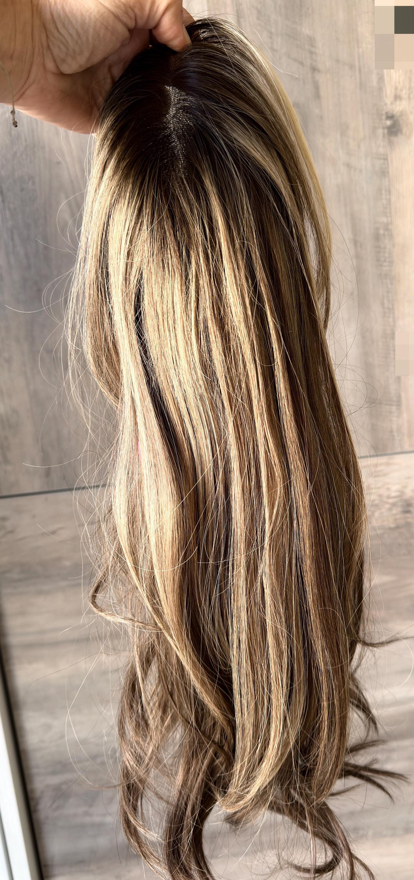 VENEZIA SUPER SALE Brazilian Human Hair Topper 16" | 6.5”x7” Closed Lace with Halo| Low Density | Medium Brown with Golden Highlights