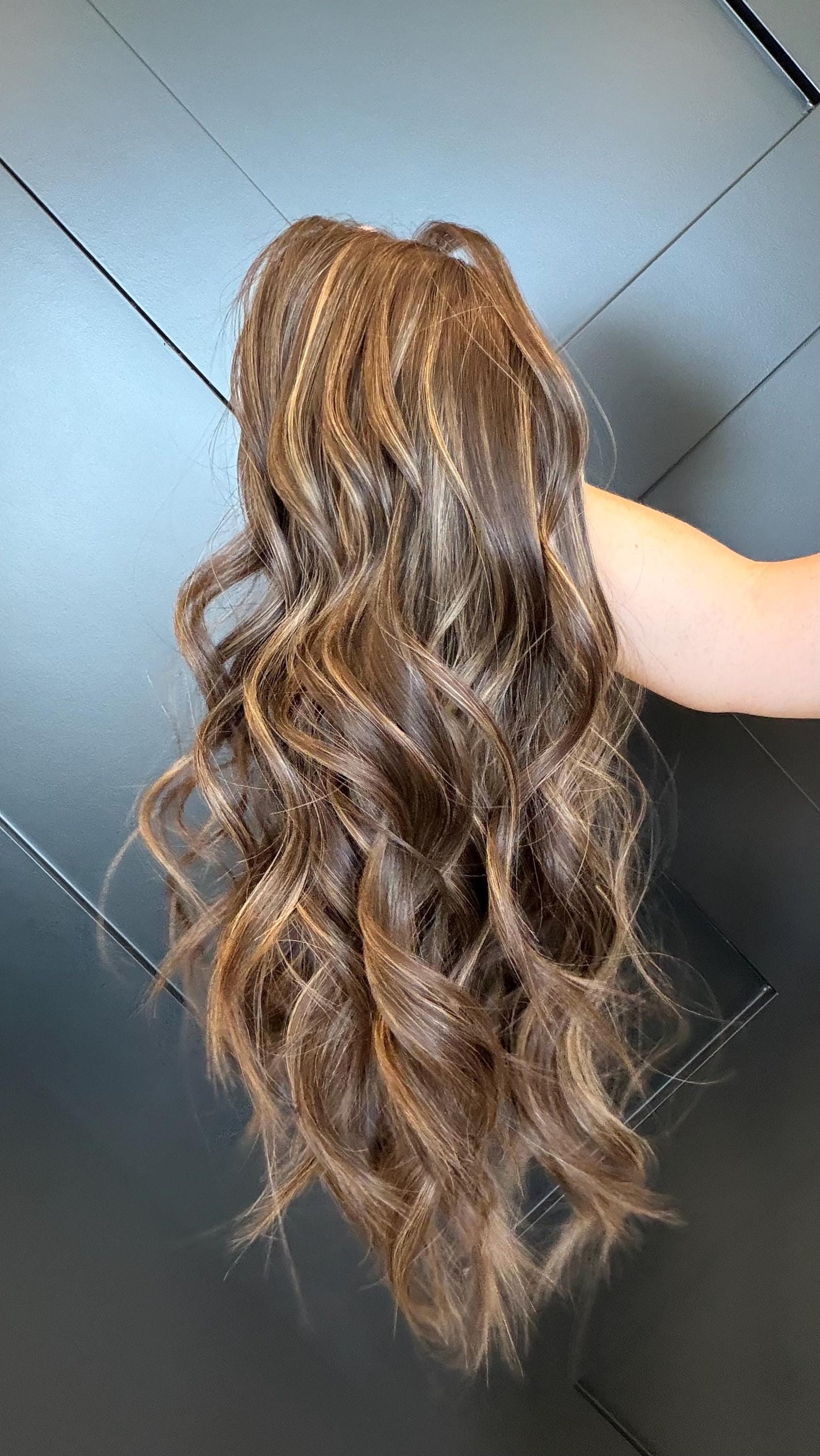SILVIA European Human Hair Topper | 8x8 Base | 4x4 Silk Top | 18” Length | Average Density | Warm brunette with Caramel ribbons