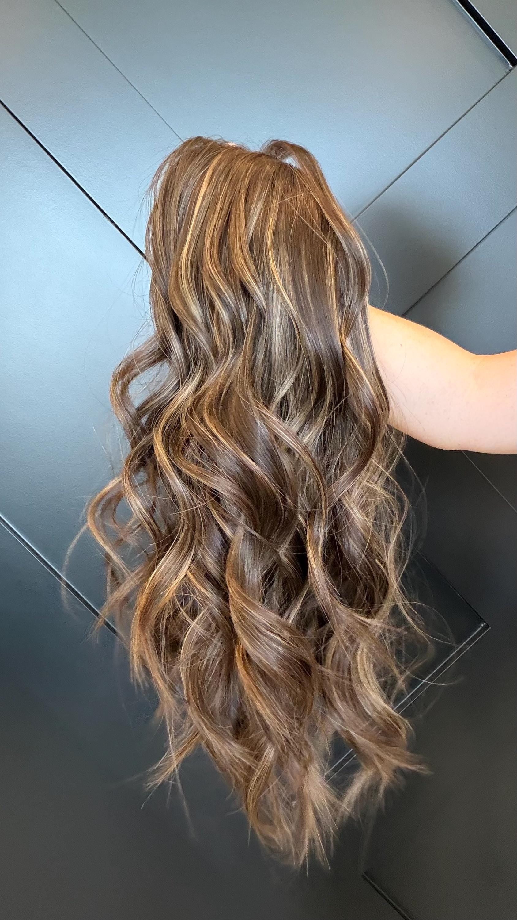 SILVIA European Human Hair Topper | 8x8 Base | 4x4 Silk Top | 18” Length | Average Density | Warm brunette with Caramel ribbons