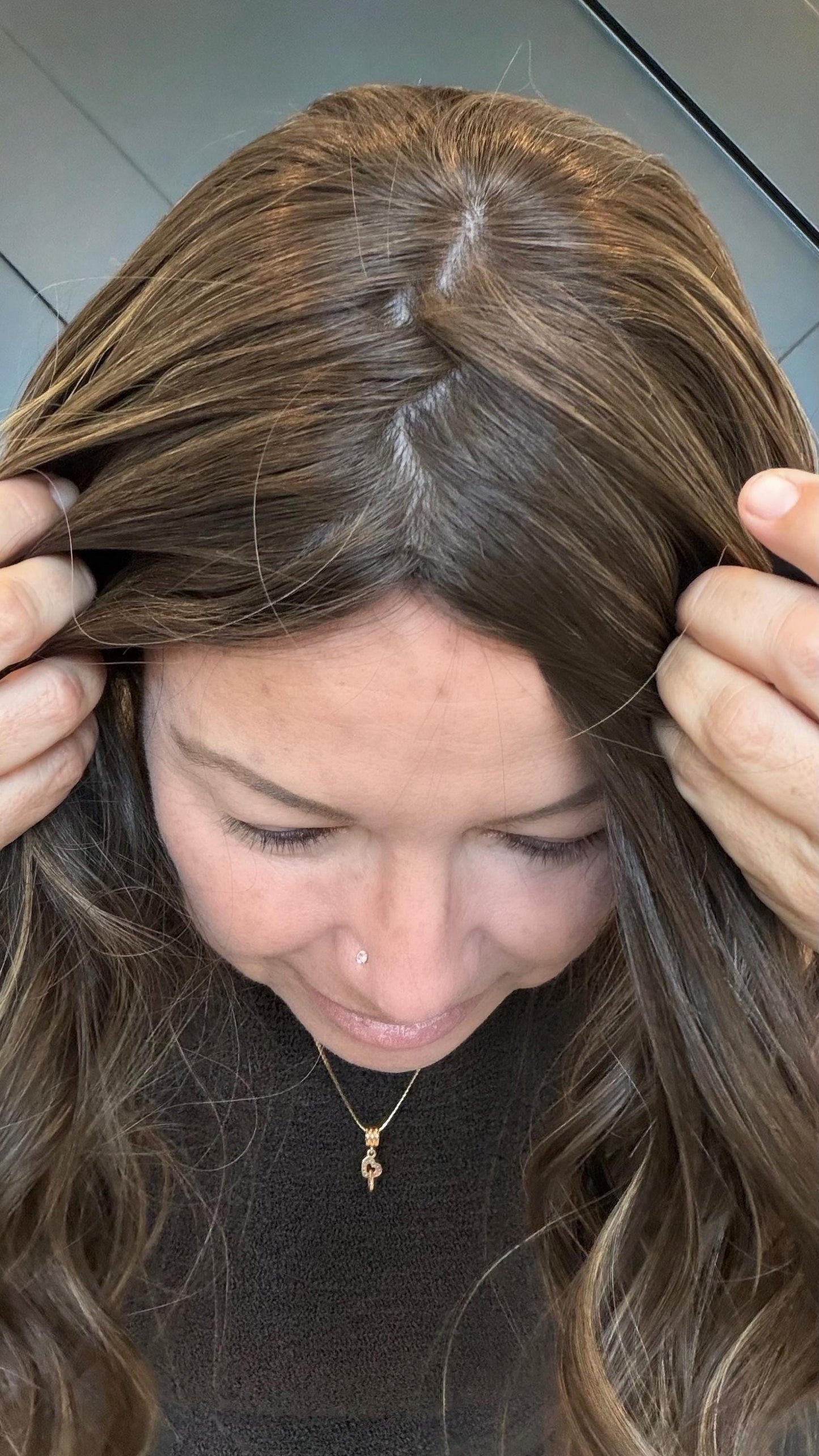 SILVIA European Human Hair Topper | 8x8 Base | 4x4 Silk Top | 18” Length | Average Density | Warm brunette with Caramel ribbons
