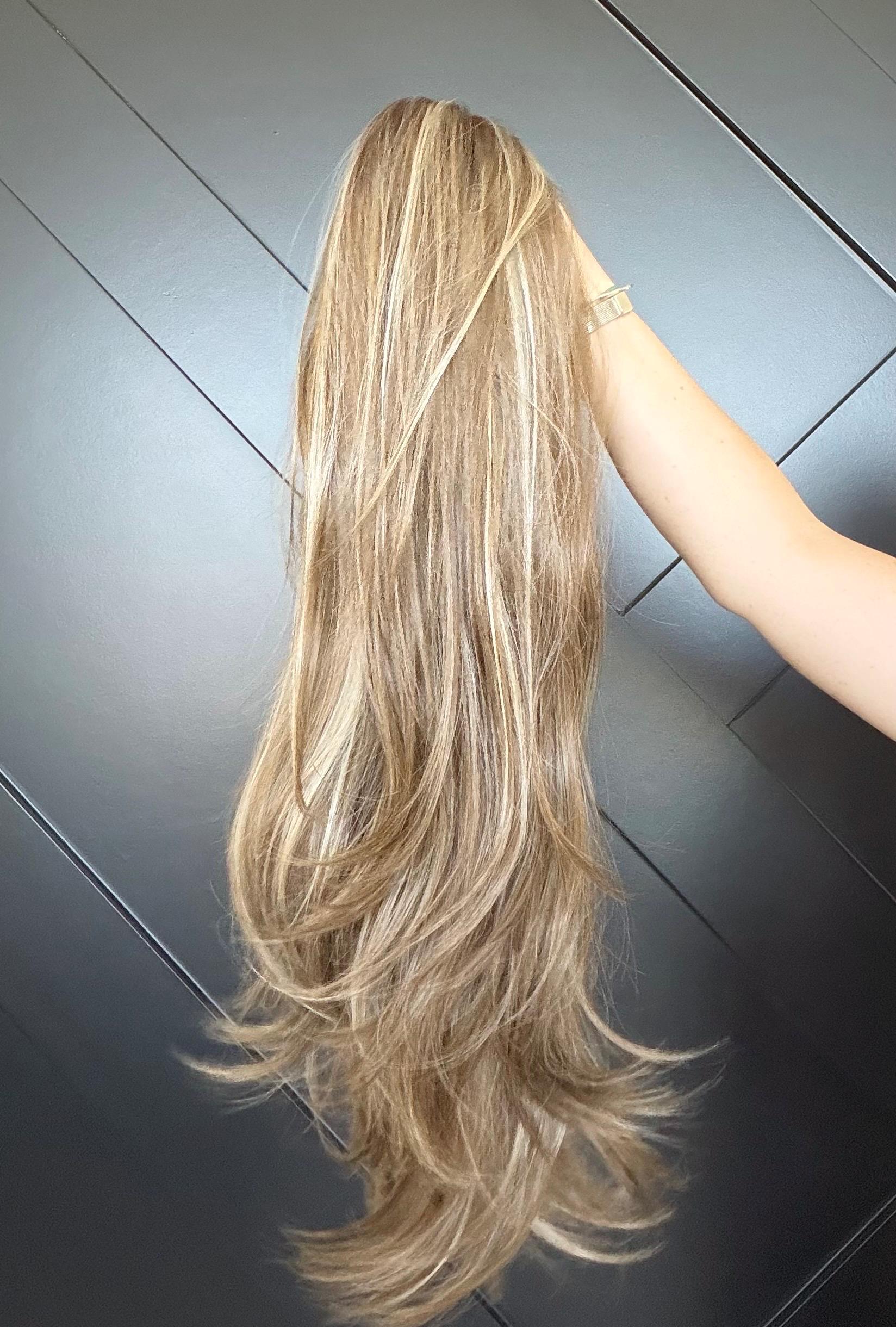 30" Lace Front Wig – Heat-Resistant Futura Fiber, Highlight Blonde Balayage Natural density Layered Haircut customization available RIO