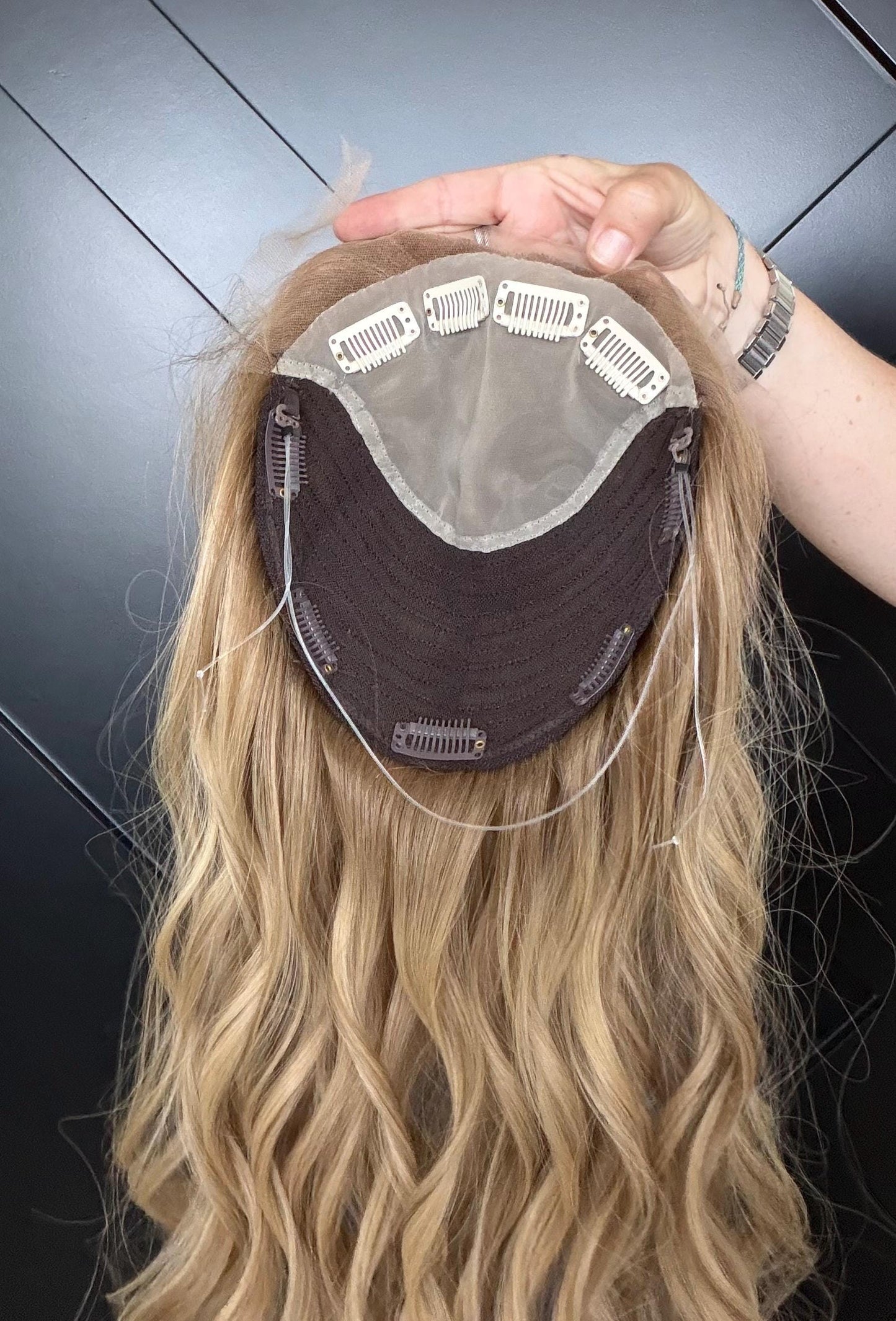 BETTY 20” Ukanian hair lace Top Human Hair Topper w/silk liner – Ukrainian Hair Beige Blonde | 7x7 Base | Clip-In Topper natural density