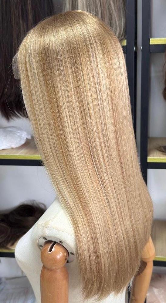BETTY 20” Ukanian hair lace Top Human Hair Topper w/silk liner – Ukrainian Hair Beige Blonde | 7x7 Base | Clip-In Topper natural density