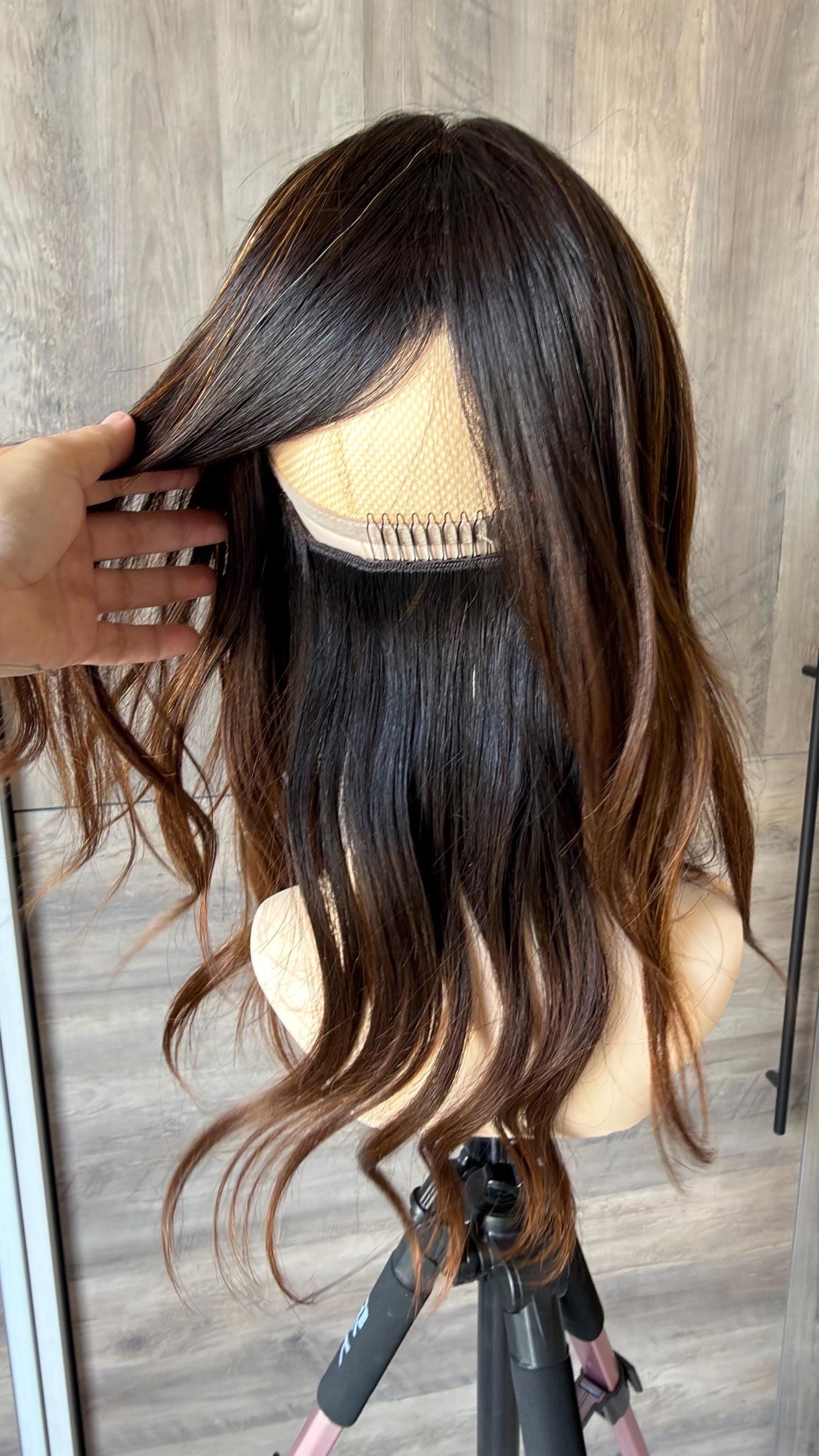 HELENA 9x9 clipless 360 Brazilian human hair topper| Brown Balayage, lace front Glueless Halo Attachment, Clipless, color customization