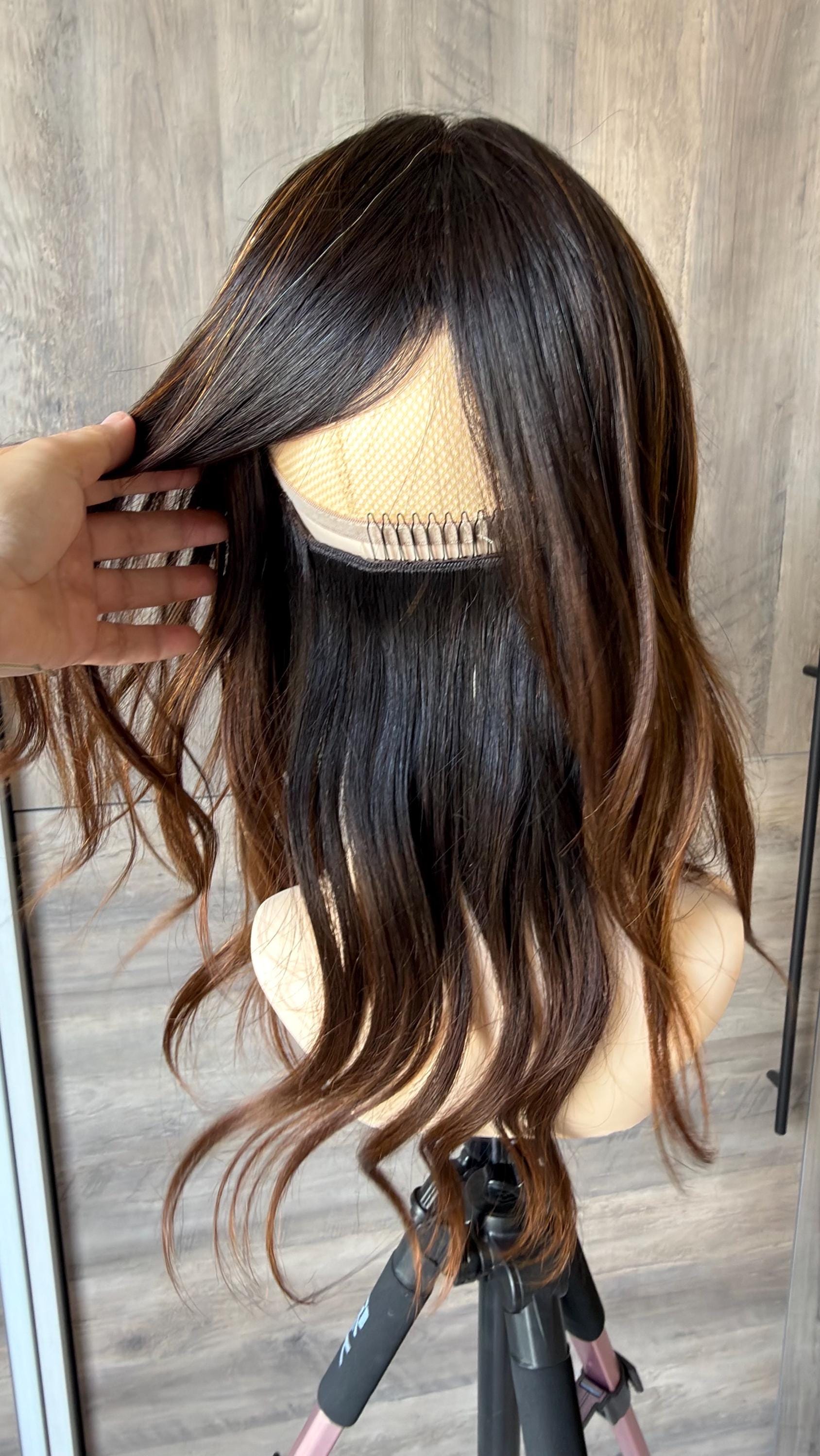 HELENA 9x9 clipless 360 Brazilian human hair topper| Brown Balayage, lace front Glueless Halo Attachment, Clipless, color customization