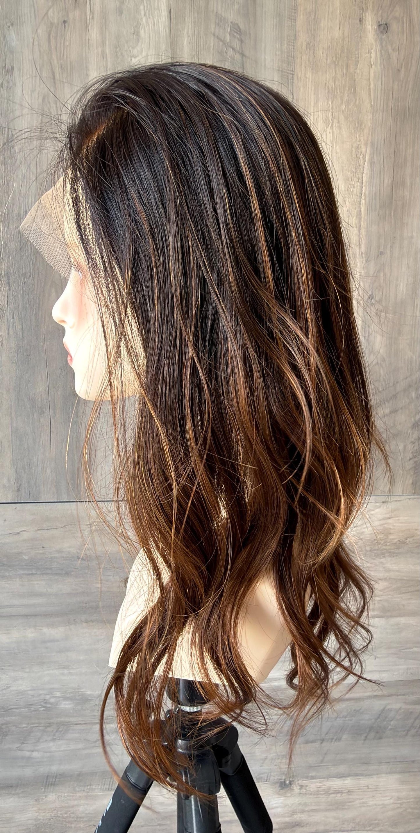 HELENA 9x9 clipless 360 Brazilian human hair topper| Brown Balayage, lace front Glueless Halo Attachment, Clipless, color customization