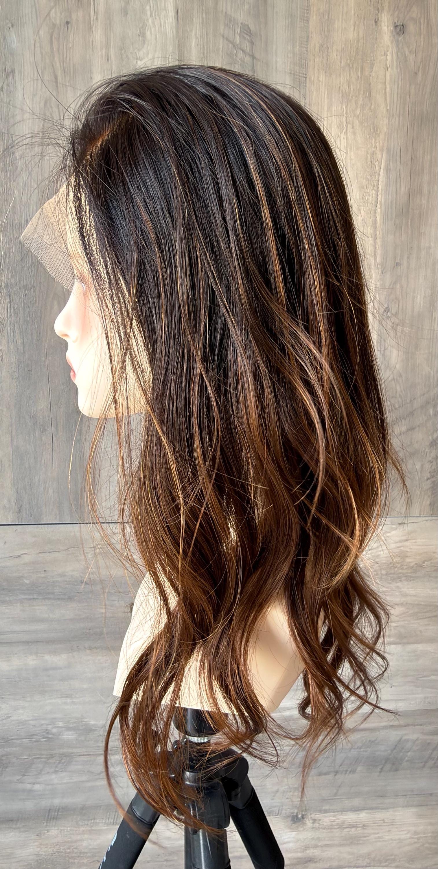 HELENA 9x9 clipless 360 Brazilian human hair topper| Brown Balayage, lace front Glueless Halo Attachment, Clipless, color customization