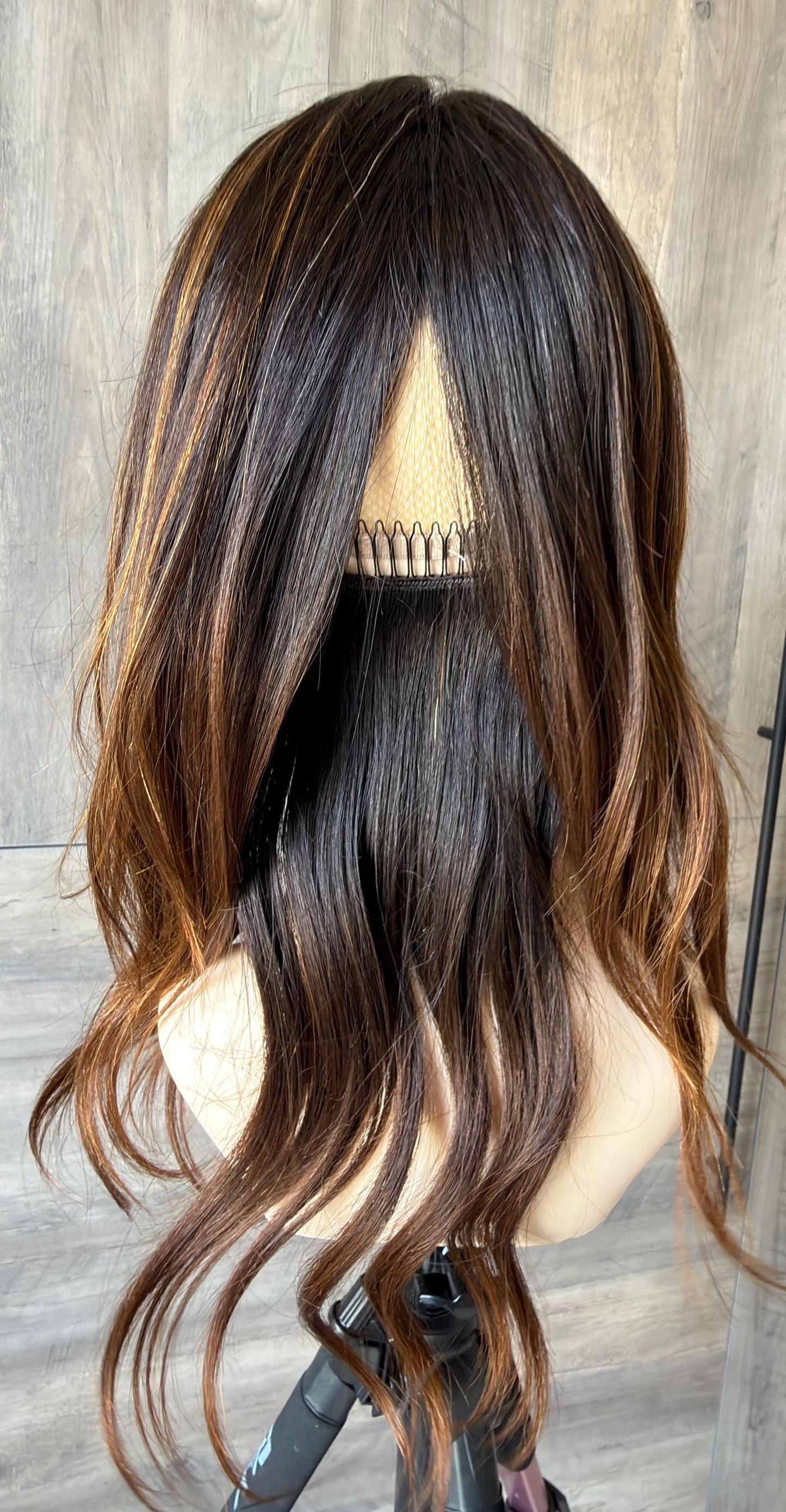 HELENA 9x9 clipless 360 Brazilian human hair topper| Brown Balayage, lace front Glueless Halo Attachment, Clipless, color customization