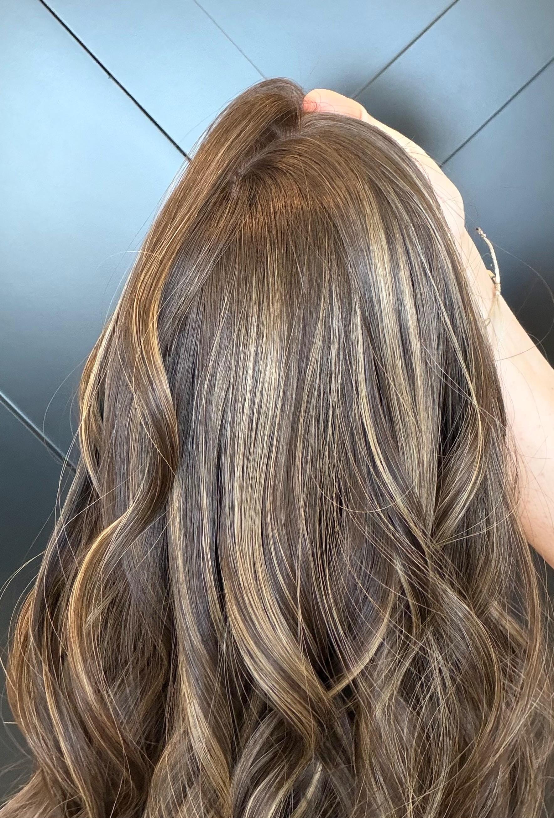 SILVIA European Human Hair Topper | 8x8 Base | 4x4 Silk Top | 18” Length | Average Density | Warm brunette with Caramel ribbons