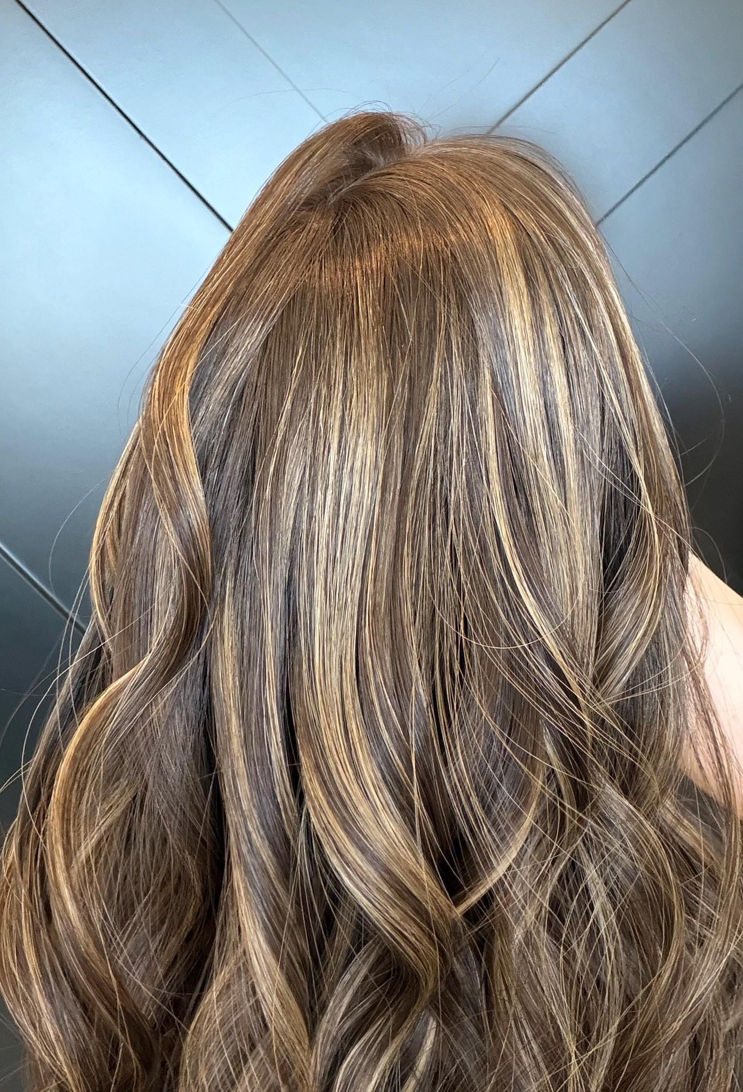 SILVIA European Human Hair Topper | 8x8 Base | 4x4 Silk Top | 18” Length | Average Density | Warm brunette with Caramel ribbons