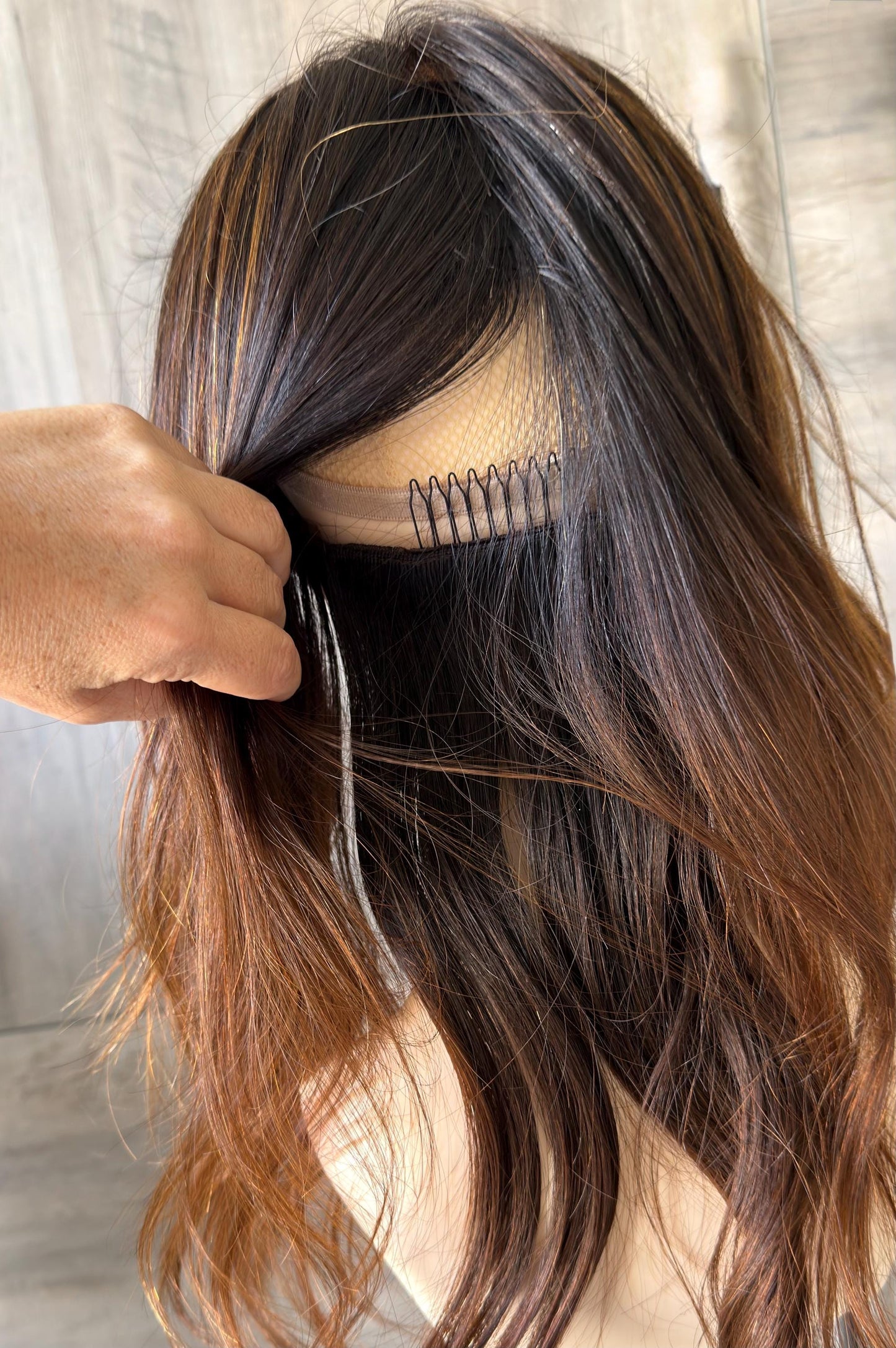HELENA 9x9 clipless 360 Brazilian human hair topper| Brown Balayage, lace front Glueless Halo Attachment, Clipless, color customization