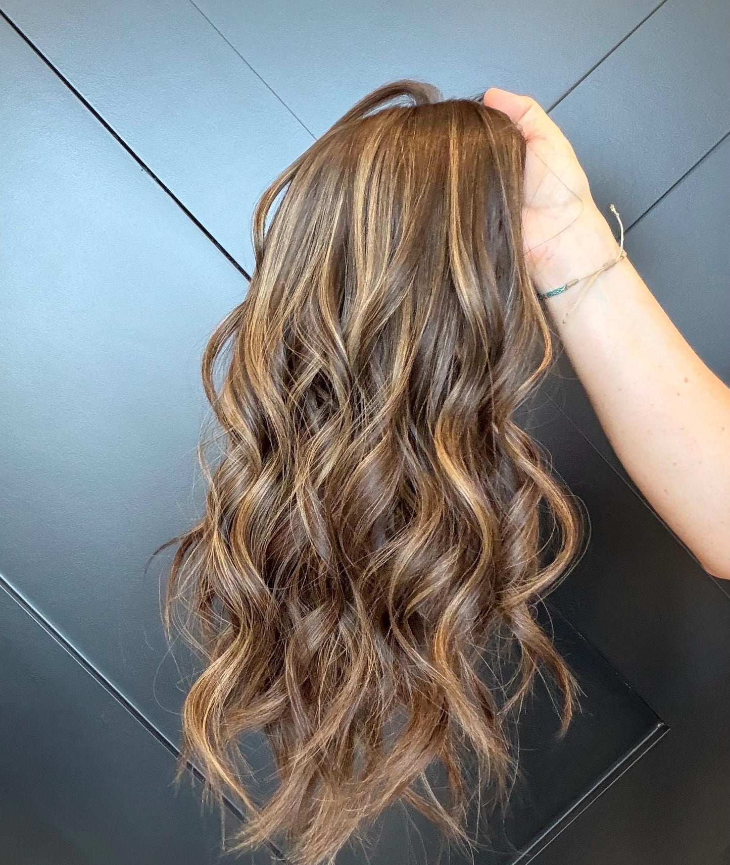 SILVIA European Human Hair Topper | 8x8 Base | 4x4 Silk Top | 18” Length | Average Density | Warm brunette with Caramel ribbons