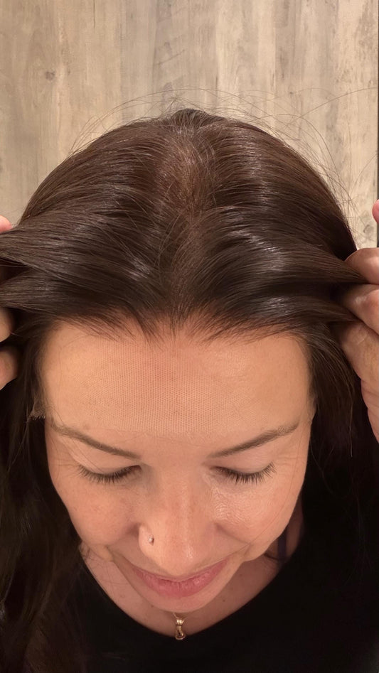 DIANA 9x9 Clipless European Human Hair Topper | 5x5 Lace front topper, Dark Brown, 16-24”, color customization available