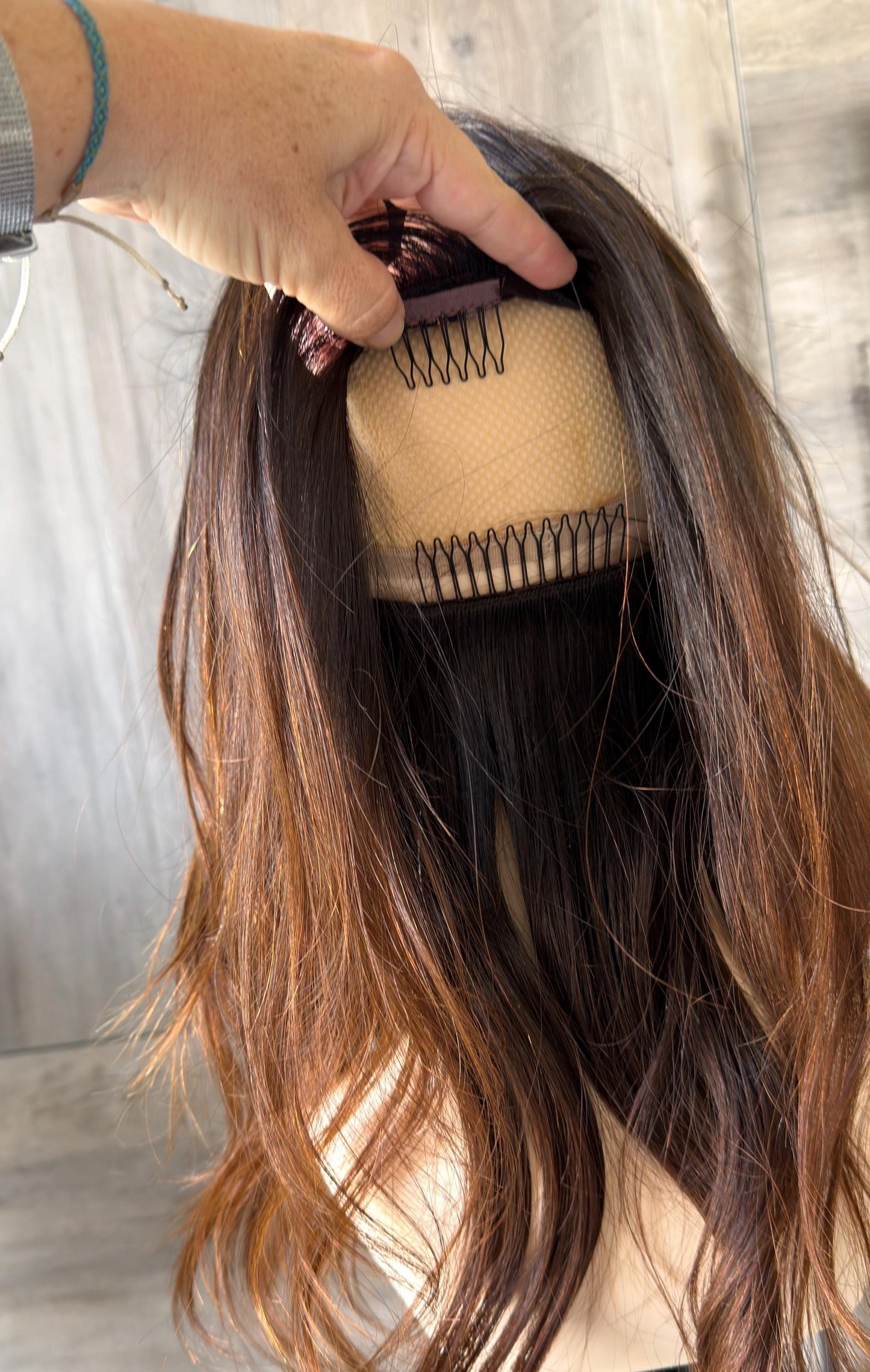 HELENA 9x9 clipless 360 Brazilian human hair topper| Brown Balayage, lace front Glueless Halo Attachment, Clipless, color customization