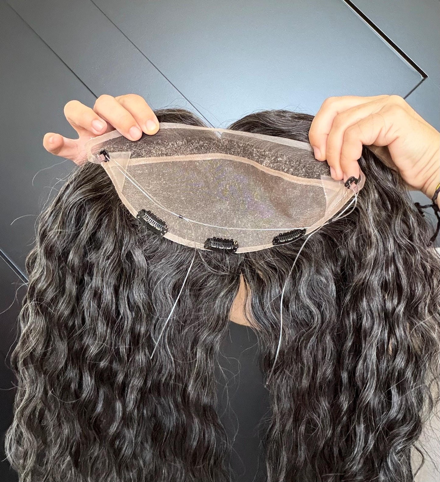 Human Hair Hairline Topper 4.5x10 | Cranial Prosthesis |perm 2A-2B Curls | Mono with lace front| Halo + Clips | High Density | JULIA