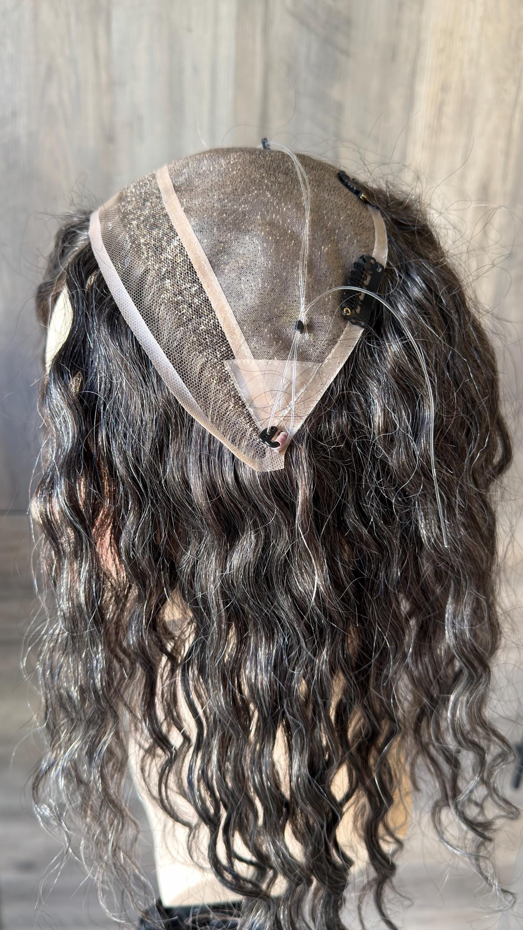 Human Hair Hairline Topper 4.5x10 | Cranial Prosthesis |perm 2A-2B Curls | Mono with lace front| Halo + Clips | High Density | JULIA