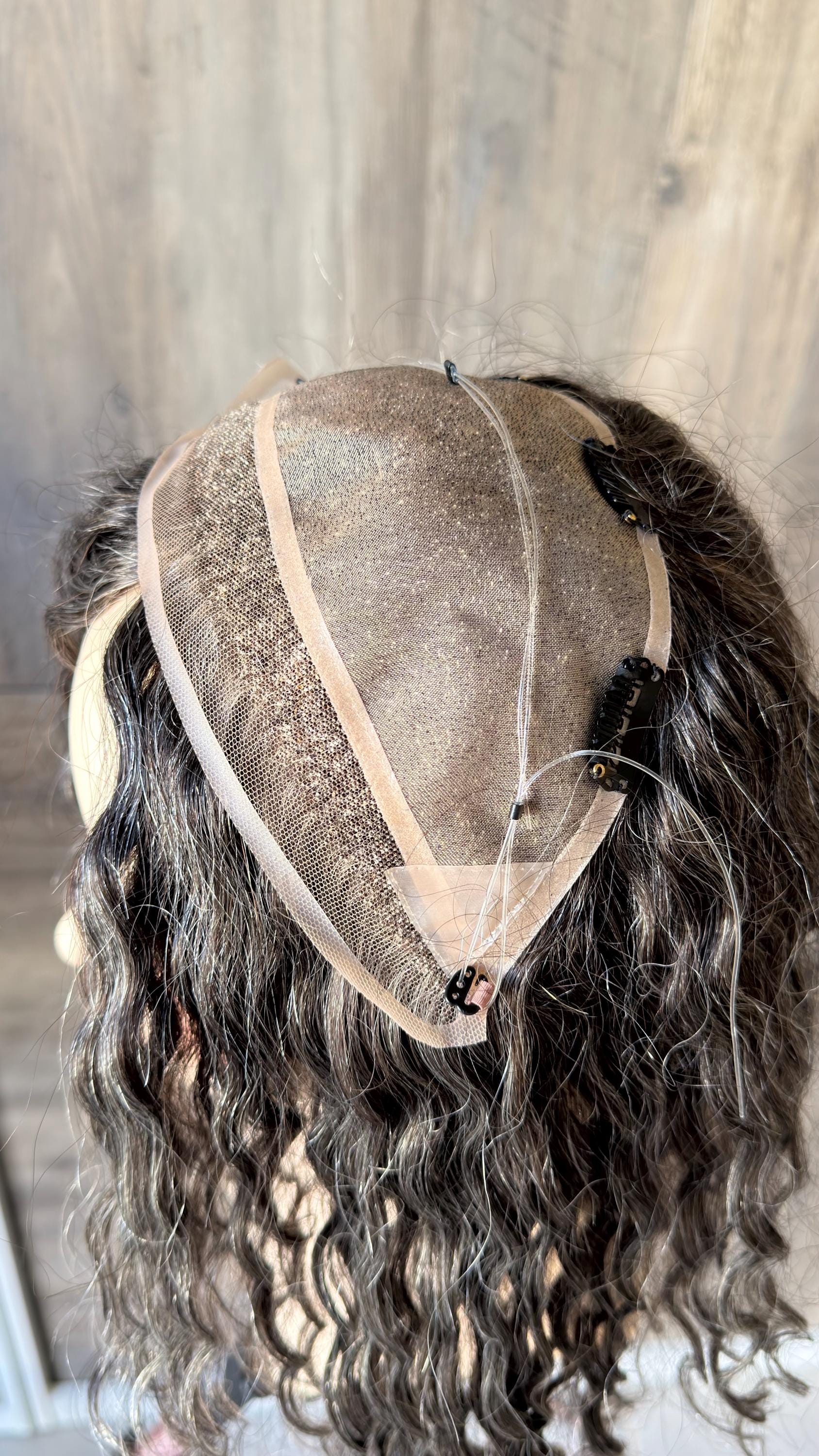 Human Hair Hairline Topper 4.5x10 | Cranial Prosthesis |perm 2A-2B Curls | Mono with lace front| Halo + Clips | High Density | JULIA