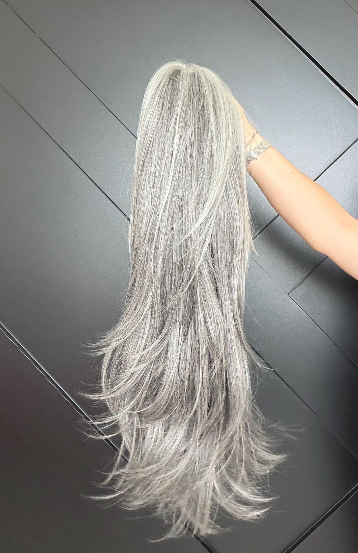 22-30" Lace Front Wig – Heat-Resistant Futura Fiber, Salt and pepper SWISS. Short length available with cut customization free part