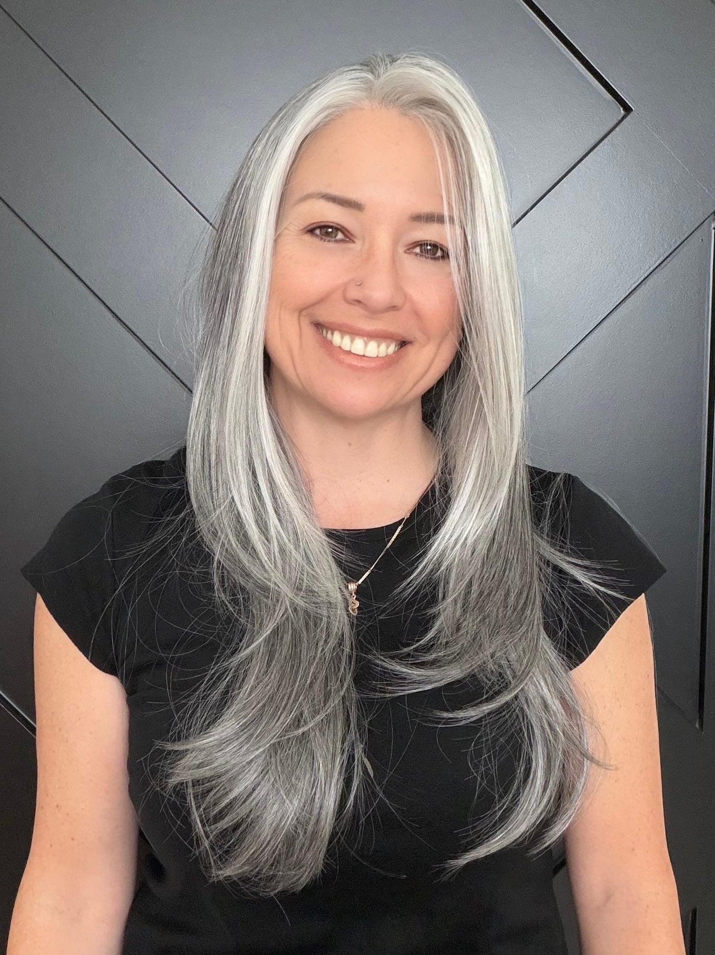 22-30" Lace Front Wig – Heat-Resistant Futura Fiber, Salt and pepper SWISS. Short length available with cut customization free part