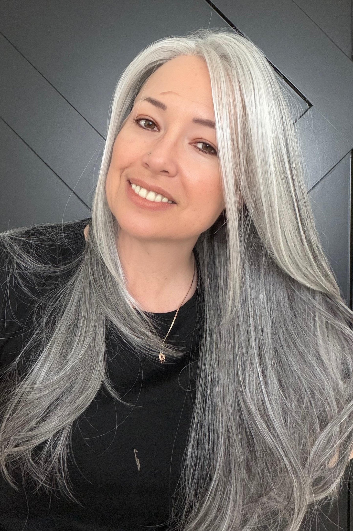 22-30" Lace Front Wig – Heat-Resistant Futura Fiber, Salt and pepper SWISS. Short length available with cut customization free part