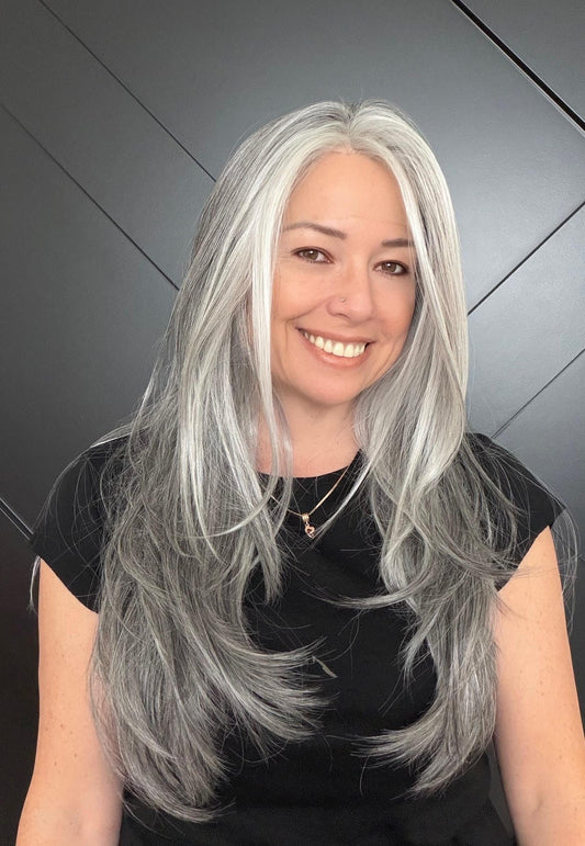 22-30" Lace Front Wig – Heat-Resistant Futura Fiber, Salt and pepper SWISS. Short length available with cut customization free part