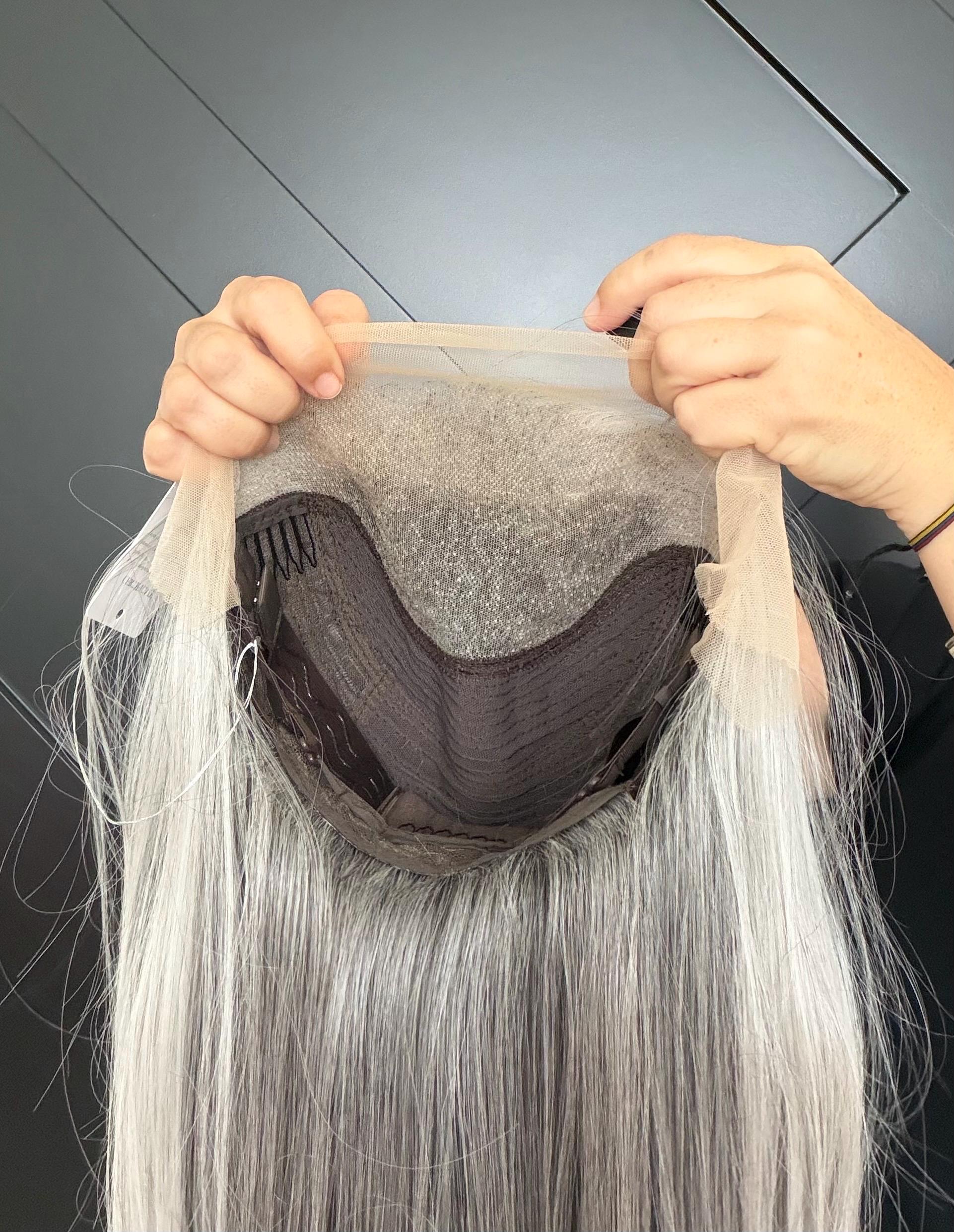 22-30" Lace Front Wig – Heat-Resistant Futura Fiber, Salt and pepper SWISS. Short length available with cut customization free part