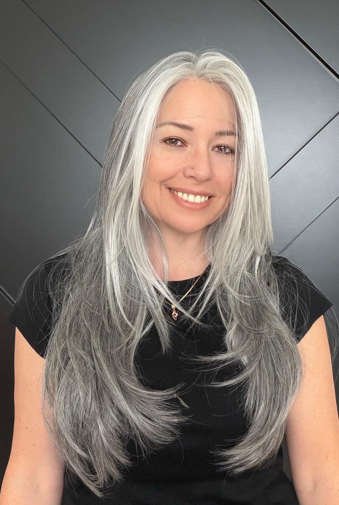 22-30" Lace Front Wig – Heat-Resistant Futura Fiber, Salt and pepper SWISS. Short length available with cut customization free part