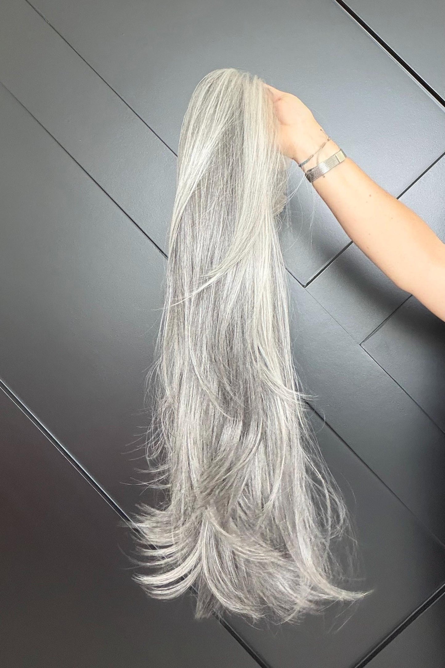 22-30" Lace Front Wig – Heat-Resistant Futura Fiber, Salt and pepper SWISS. Short length available with cut customization free part