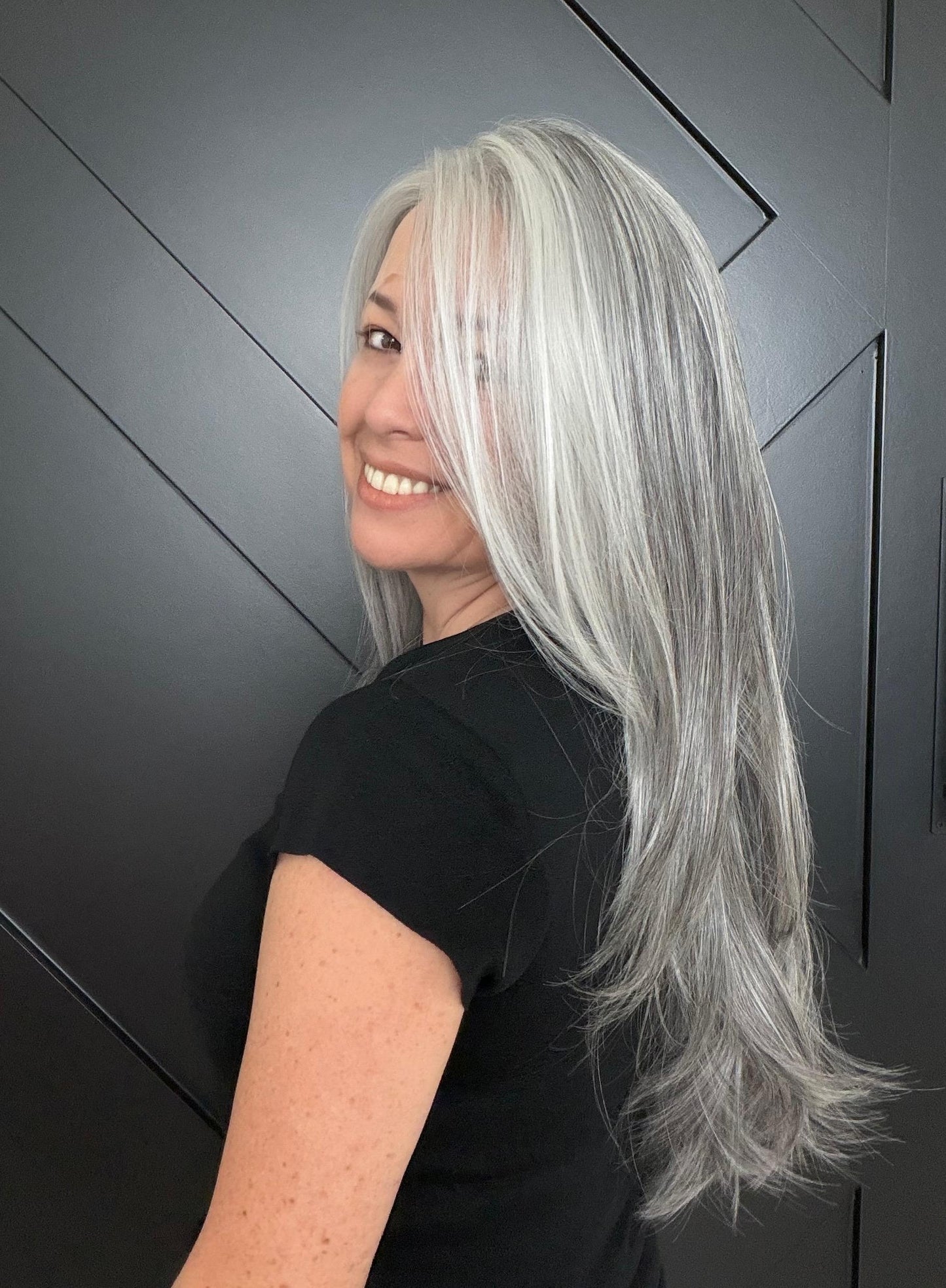 22-30" Lace Front Wig – Heat-Resistant Futura Fiber, Salt and pepper SWISS. Short length available with cut customization free part