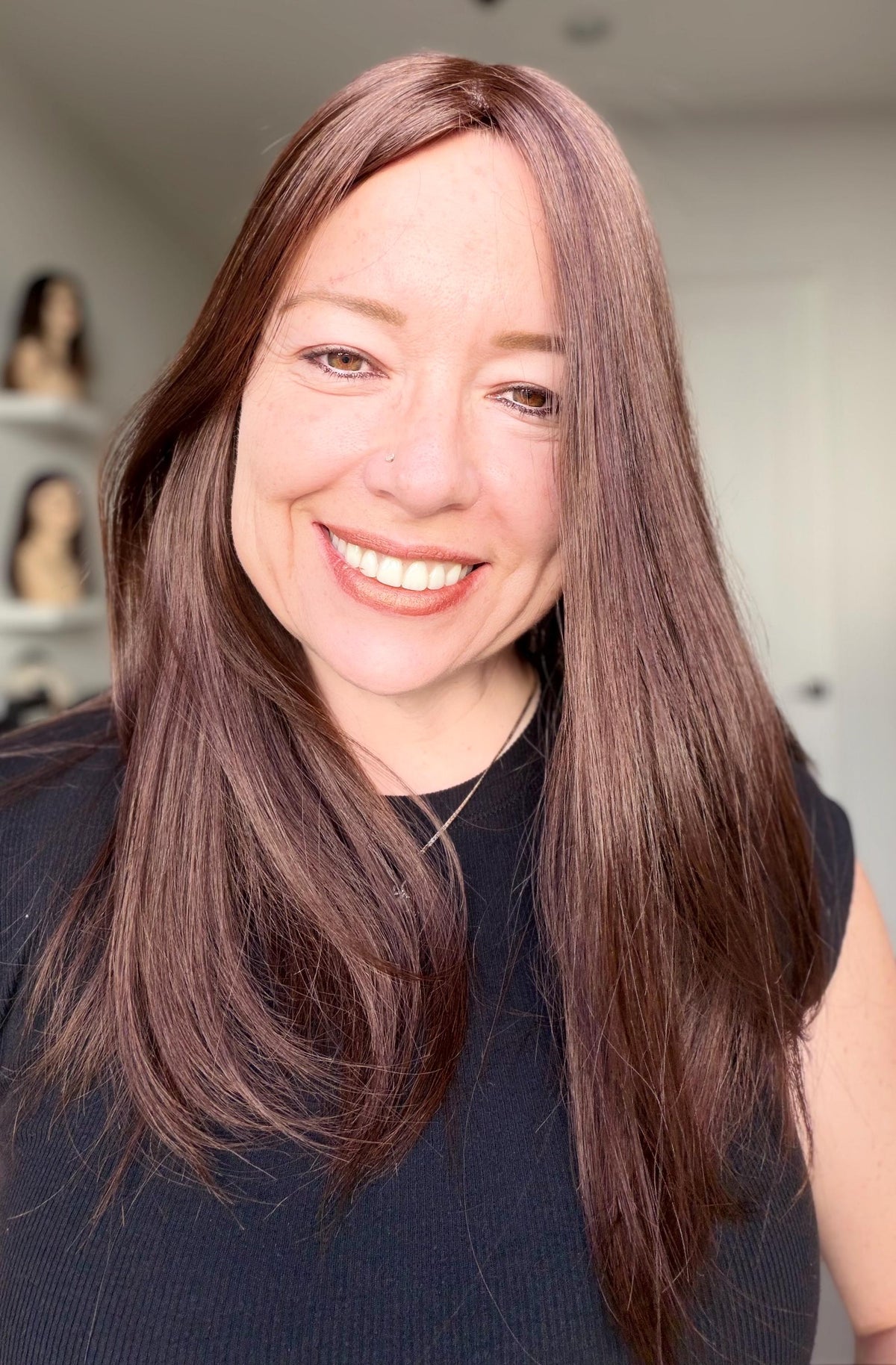 RENATA European Human Hair Topper | 8x8 Base | 4x4 Silk Top | 18” Length | Average Density | Warm brunette with blonde ribbons