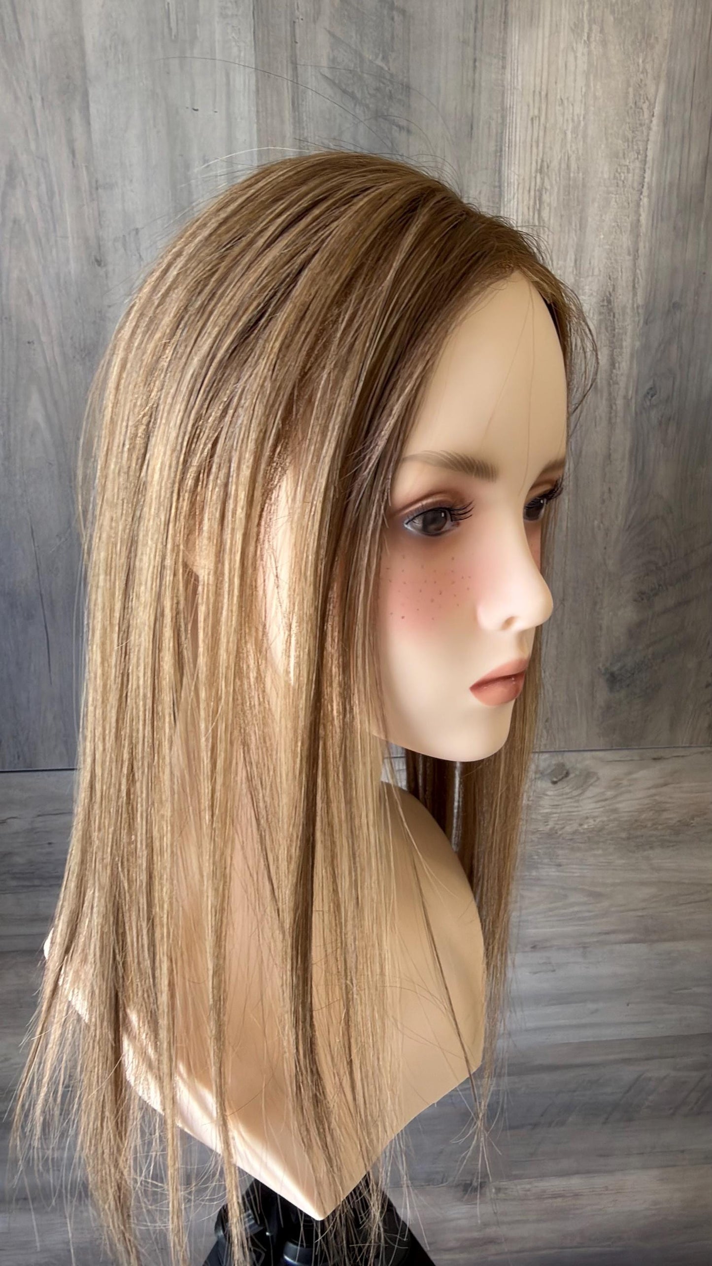 Custom order ANNIE Human Hair T-Lace Hairline Topper 2x11 + 4x5 deep base | Halo Brazilian Hair 6/8 Bleached knots NaturalDensity 14”