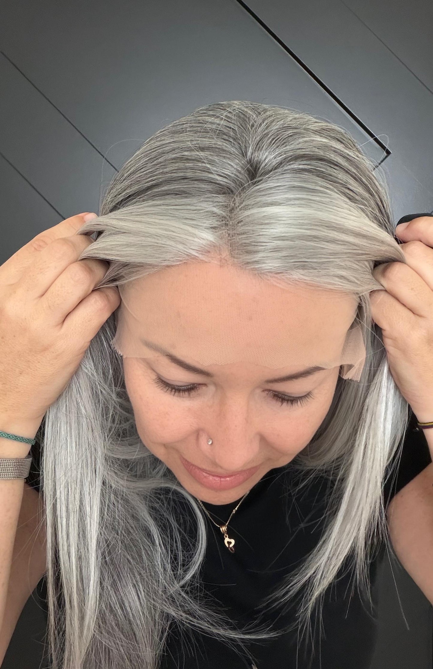 22-30" Lace Front Wig – Heat-Resistant Futura Fiber, Salt and pepper SWISS. Short length available with cut customization free part