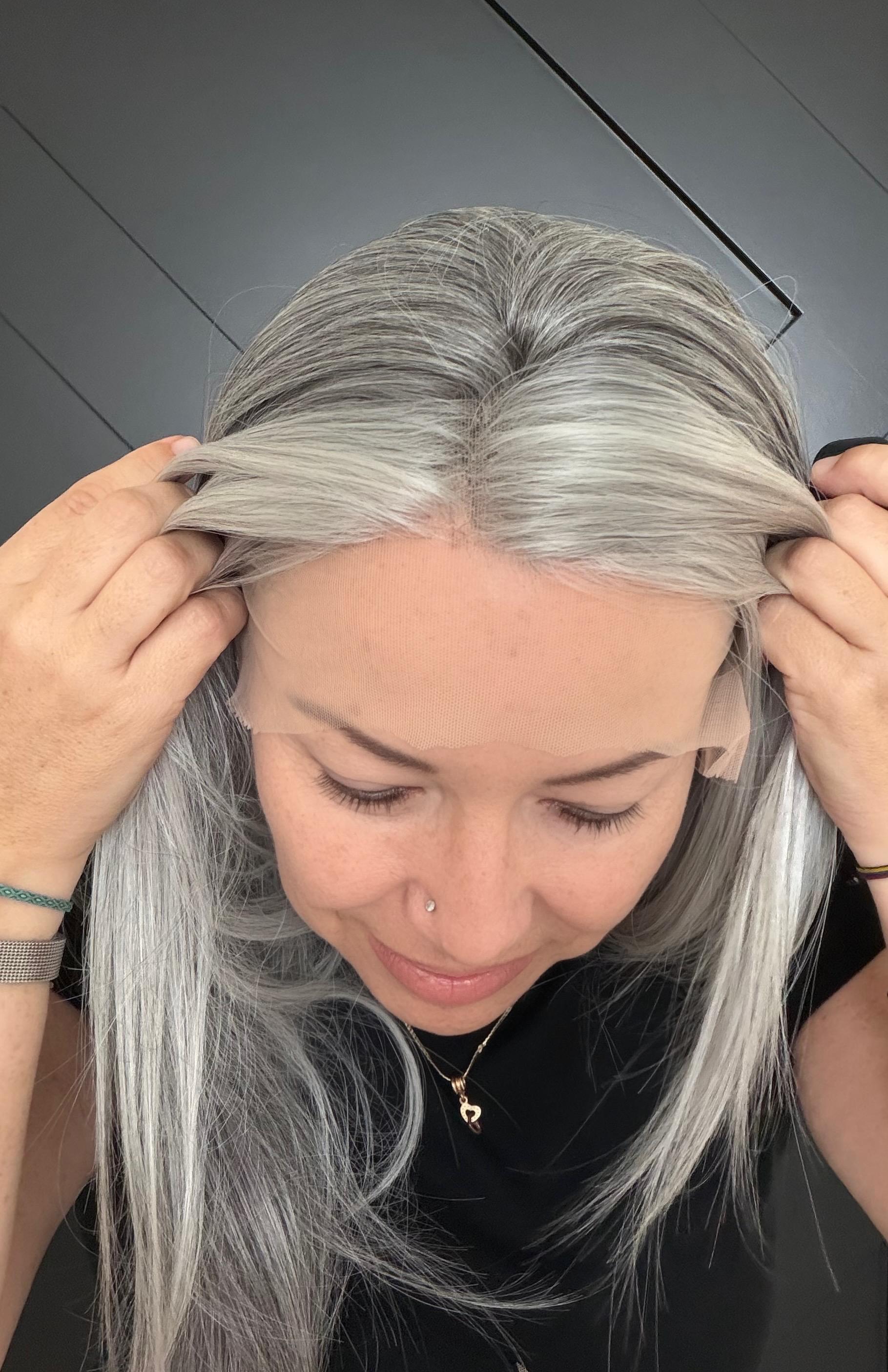 22-30" Lace Front Wig – Heat-Resistant Futura Fiber, Salt and pepper SWISS. Short length available with cut customization free part