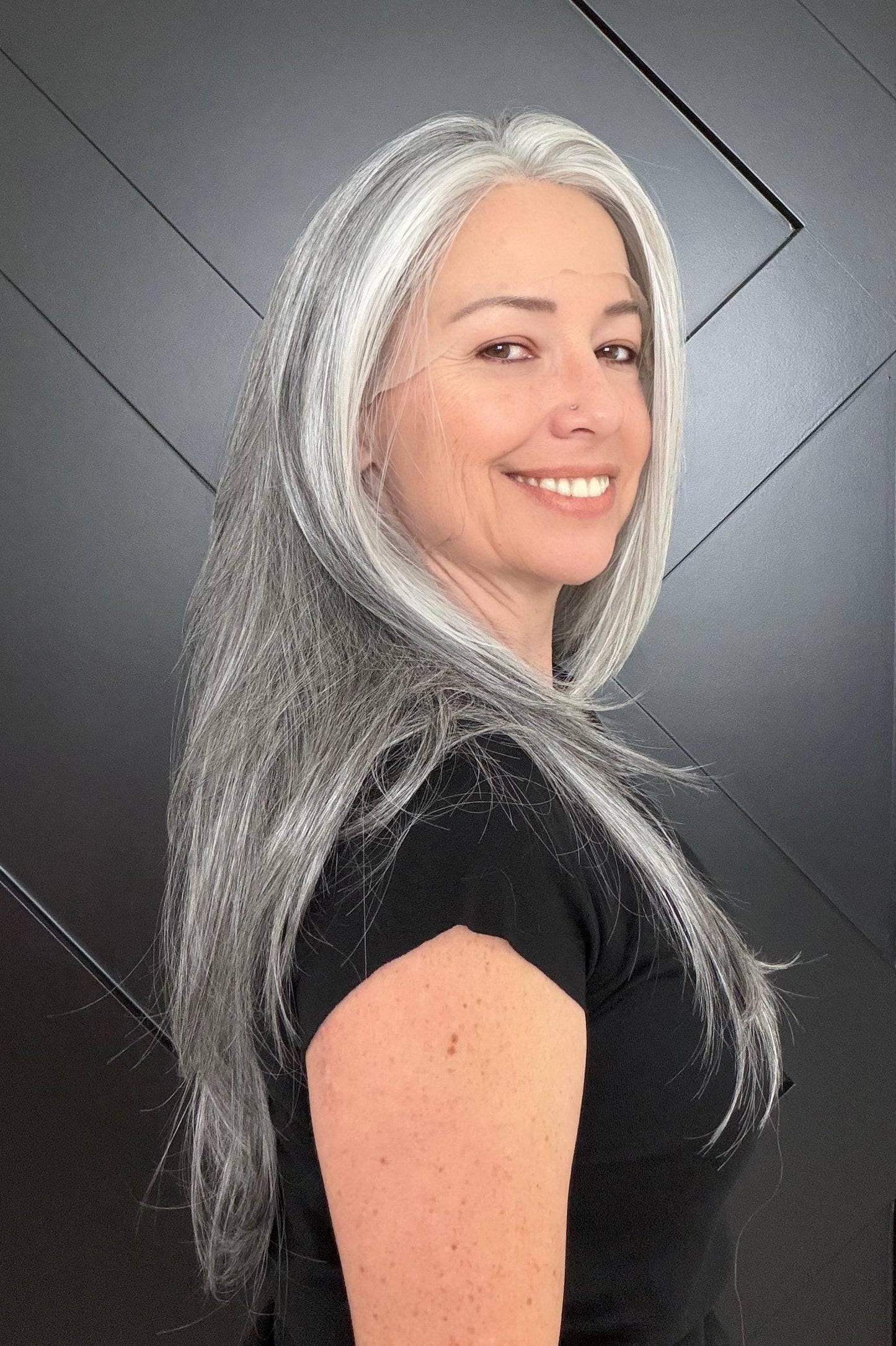 22-30" Lace Front Wig – Heat-Resistant Futura Fiber, Salt and pepper SWISS. Short length available with cut customization free part