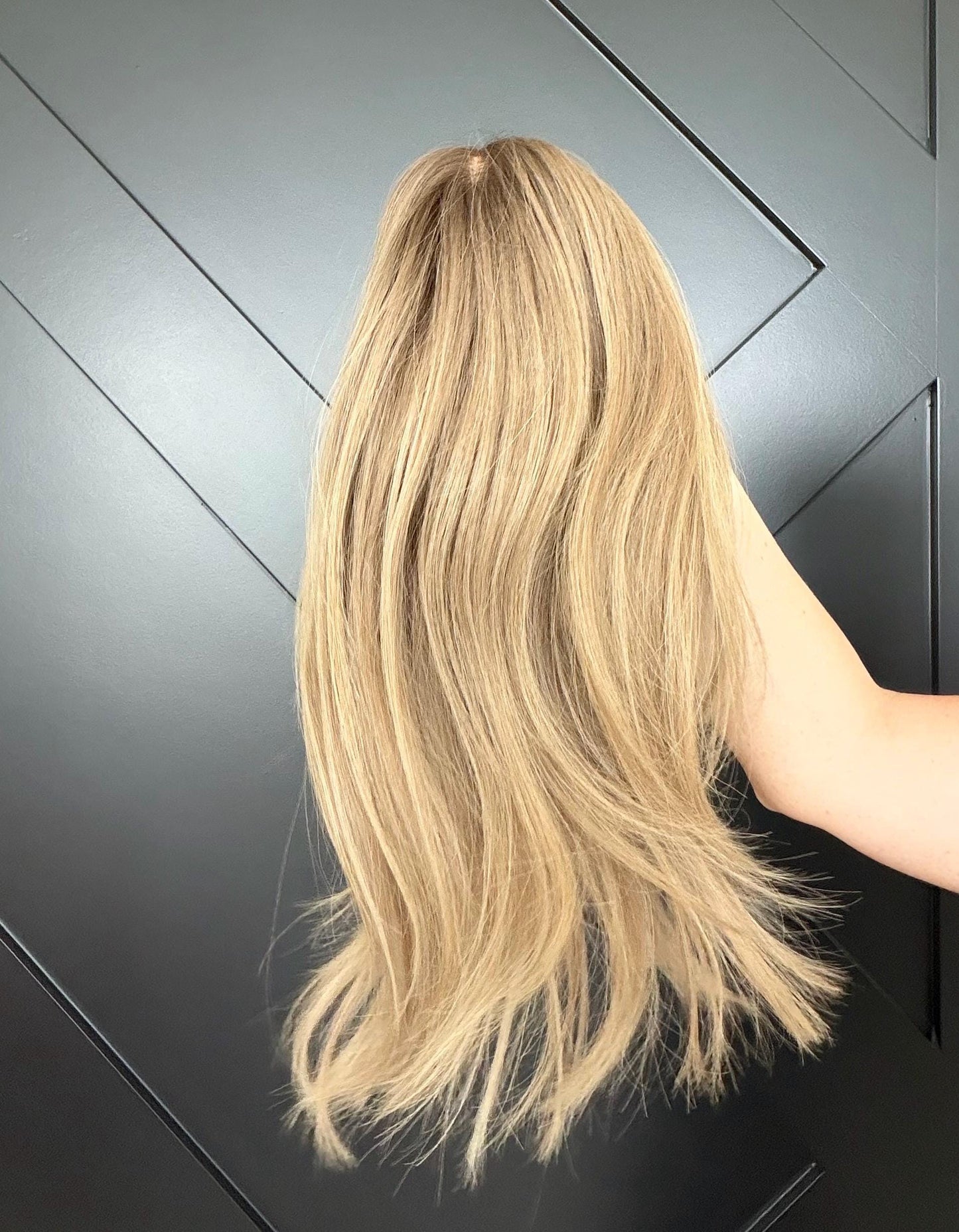 GUMDROP 9x9 Clipless Brazilian Remy Human Hair with Halo | 5x5 Lace Top, ash blonde rooted, 16”, color customization available.
