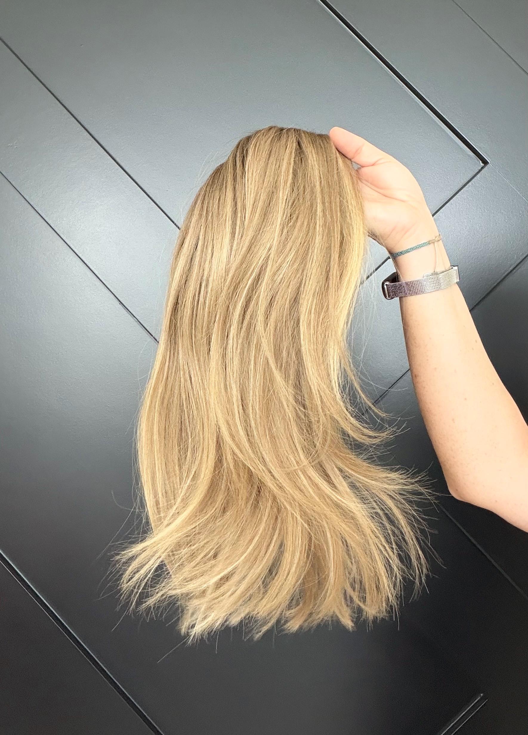 GUMDROP 9x9 Clipless Brazilian Remy Human Hair with Halo | 5x5 Lace Top, ash blonde rooted, 16”, color customization available.