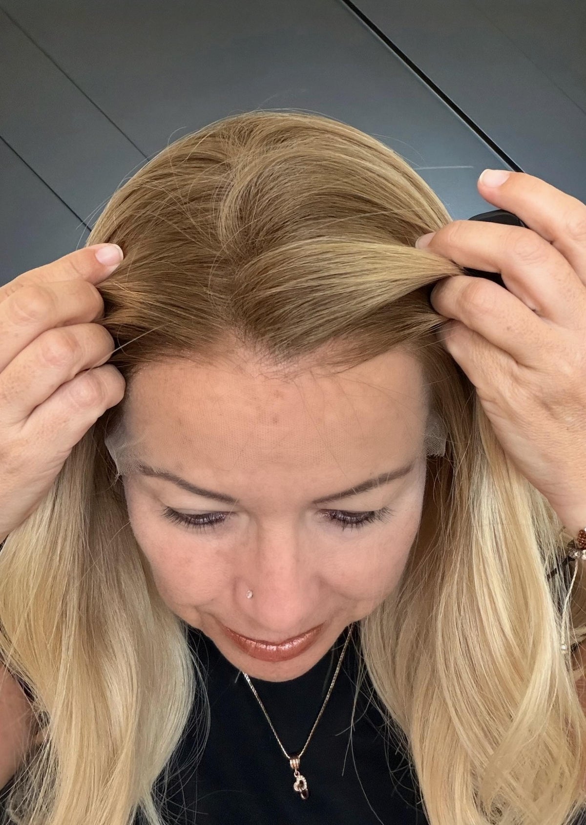 Brazilian Human Hair Wig Honey Beige Blonde Wig with Shadow Root | Lace Front Wig | Natural Frontal | Soft Layered Mid Length Wig MARIVELLE