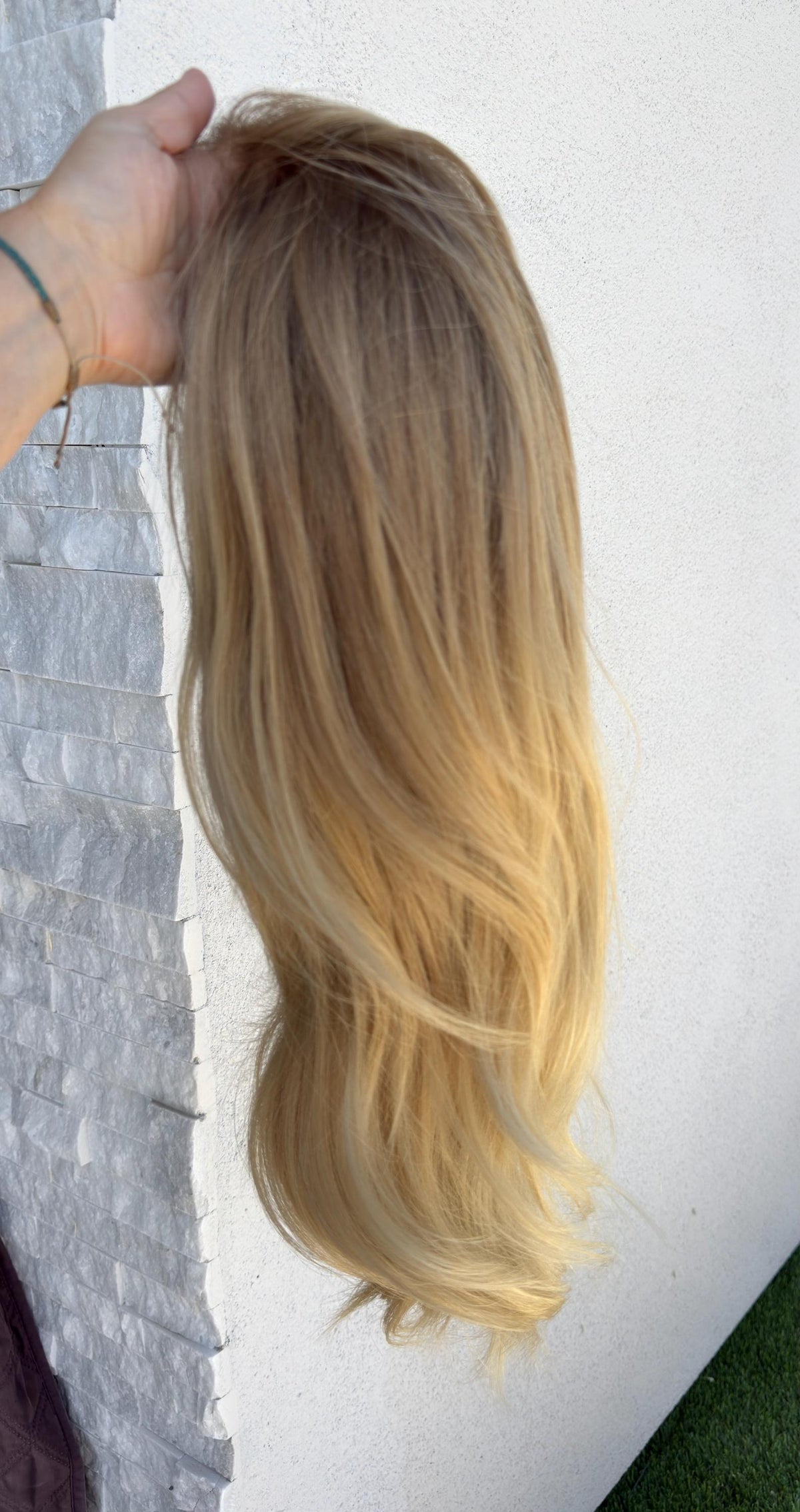 Brazilian Human Hair Wig Honey Beige Blonde Wig with Shadow Root | Lace Front Wig | Natural Frontal | Soft Layered Mid Length Wig MARIVELLE