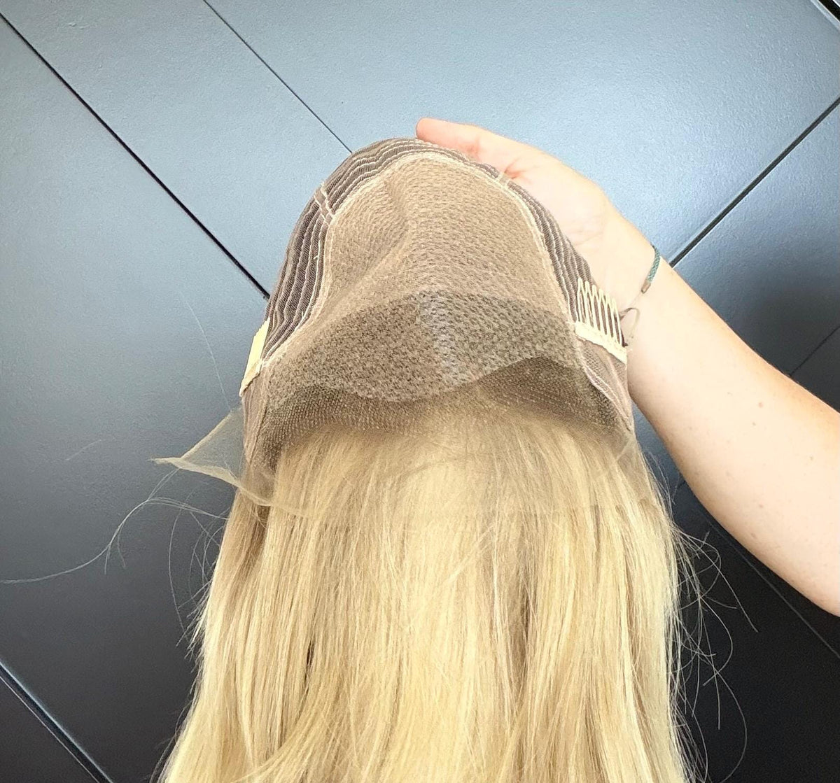 KIMMY Remy Human Hair Wig | HD Lace Front Wig | Blonde Balayage with Shadow Root | Bleached Knots | Natural Frontal Natural Density 26-32”