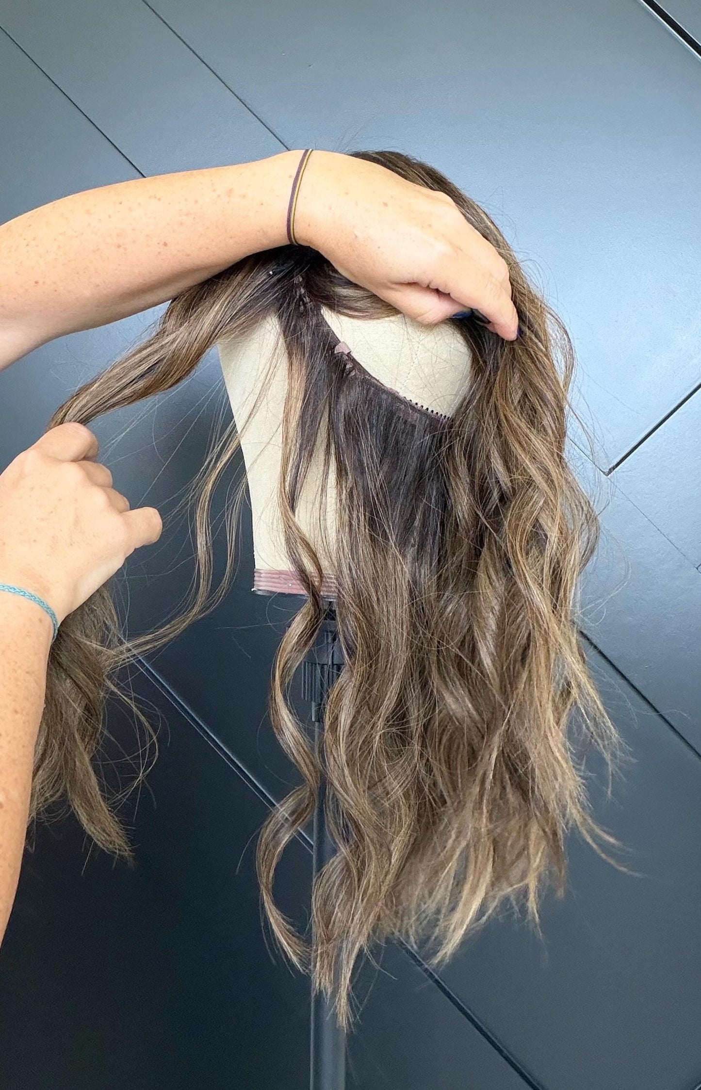 ROSARIO 9x9 clipless 360 Brazilian human hair topper| Brown w highlights, closed laced Halo Attachment, Clipless, silk liner 18-24”