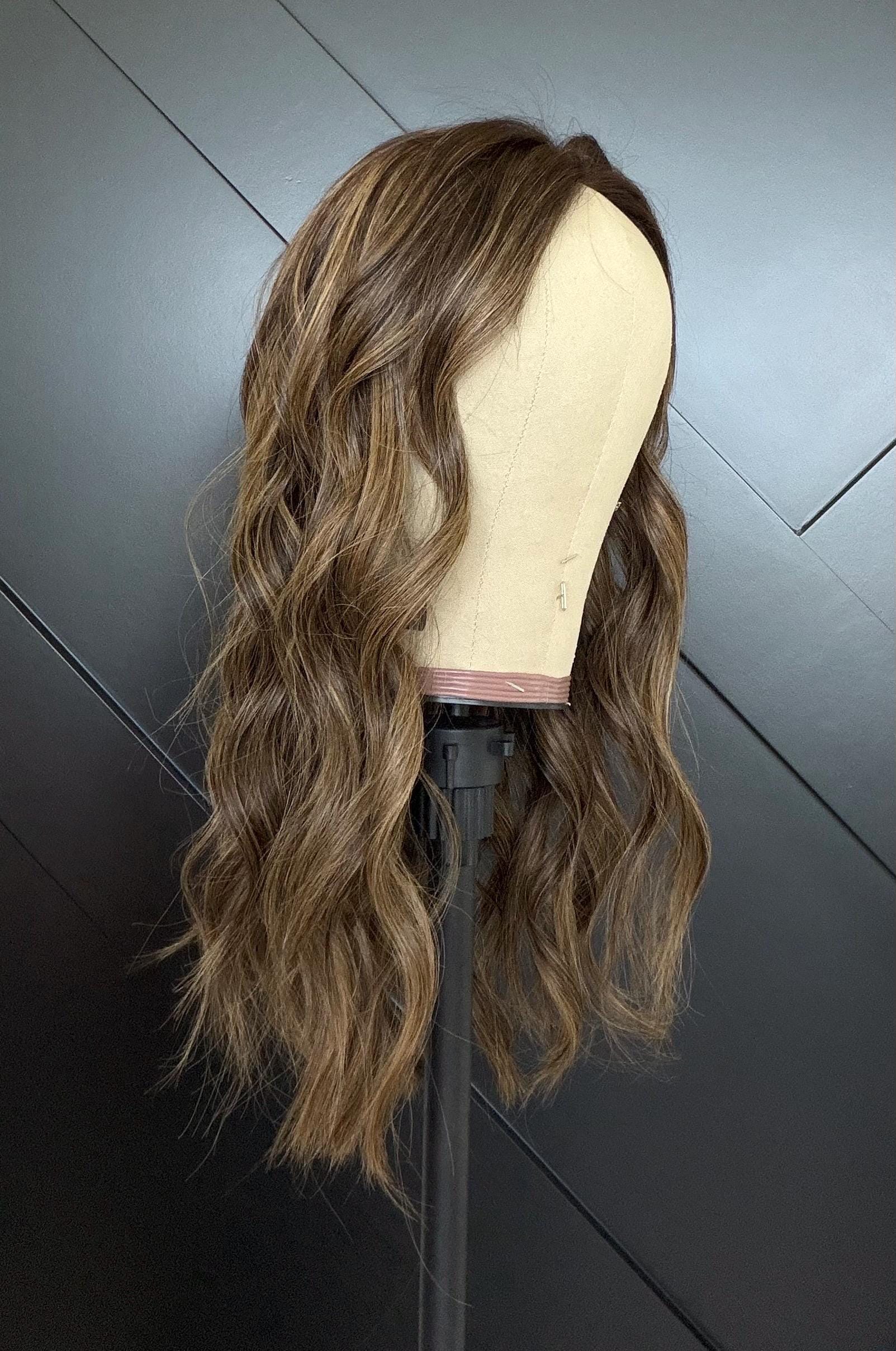 ROSARIO 9x9 clipless 360 Brazilian human hair topper| Brown w highlights, closed laced Halo Attachment, Clipless, silk liner 18-24”