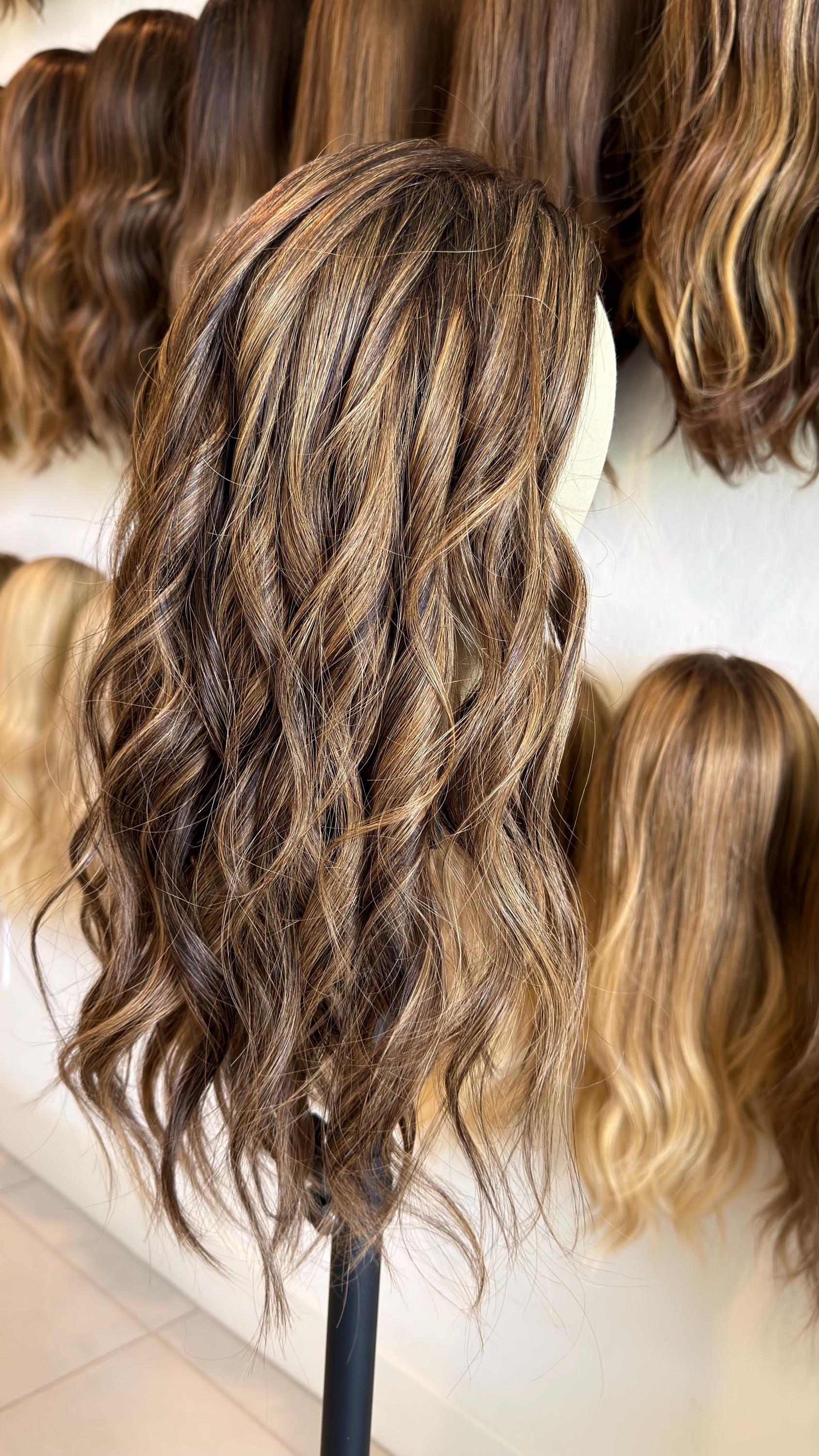 ROSARIO 9x9 clipless 360 Brazilian human hair topper| Brown w highlights, closed laced Halo Attachment, Clipless, silk liner 18-24”