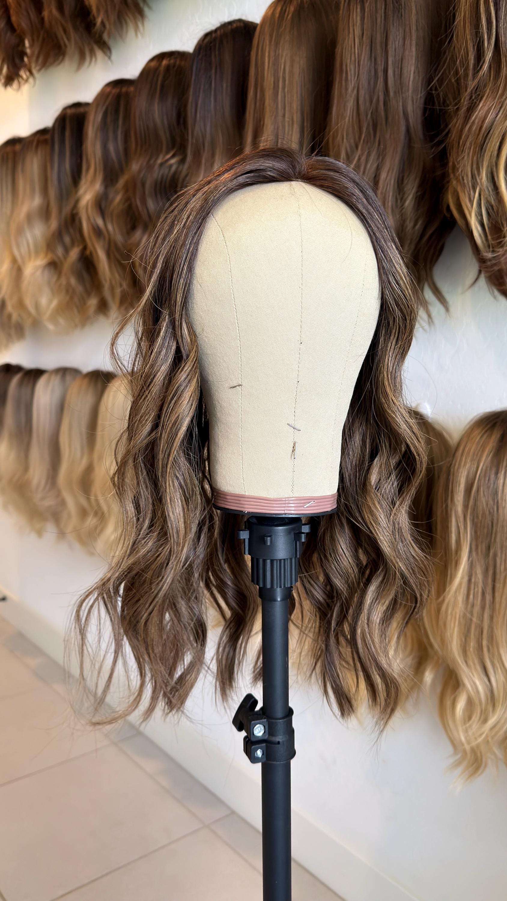ROSARIO 9x9 clipless 360 Brazilian human hair topper| Brown w highlights, closed laced Halo Attachment, Clipless, silk liner 18-24”