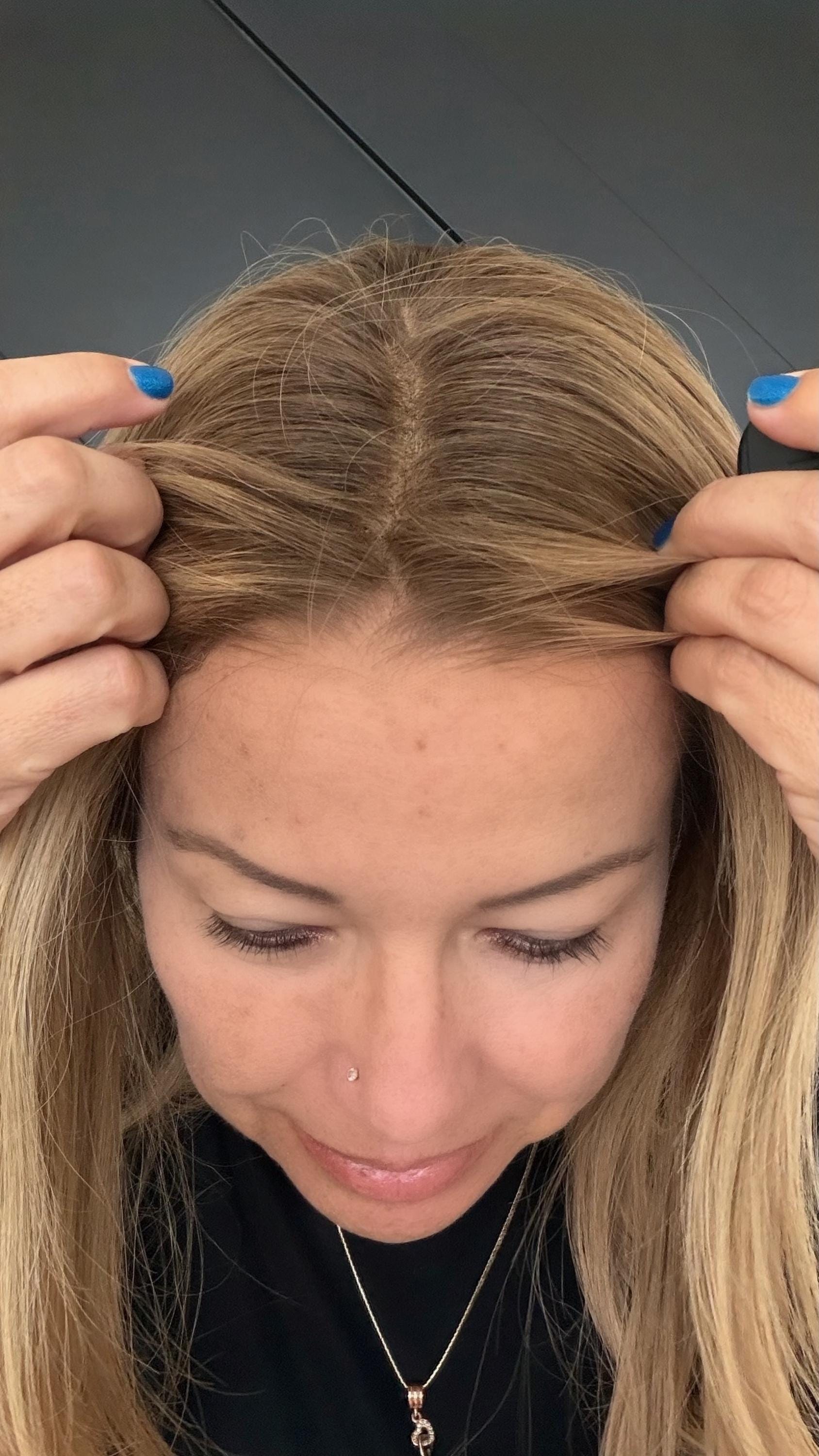 GUMDROP 9x9 Clipless Brazilian Remy Human Hair with Halo | 5x5 Lace Top, ash blonde rooted, 16”, color customization available.